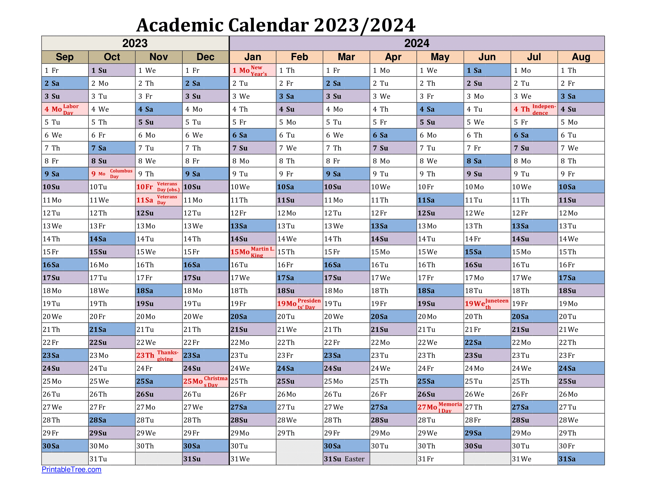 Free Printable Academic Calendar 2023 To 2024 Templates | Printable Calendar September 2023 to August 2024