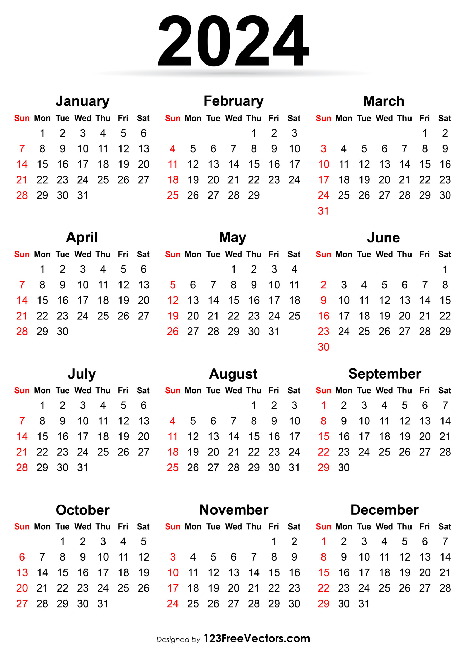Free Printable Calendar 2024 | 2024 Calendar with Weeks Printable