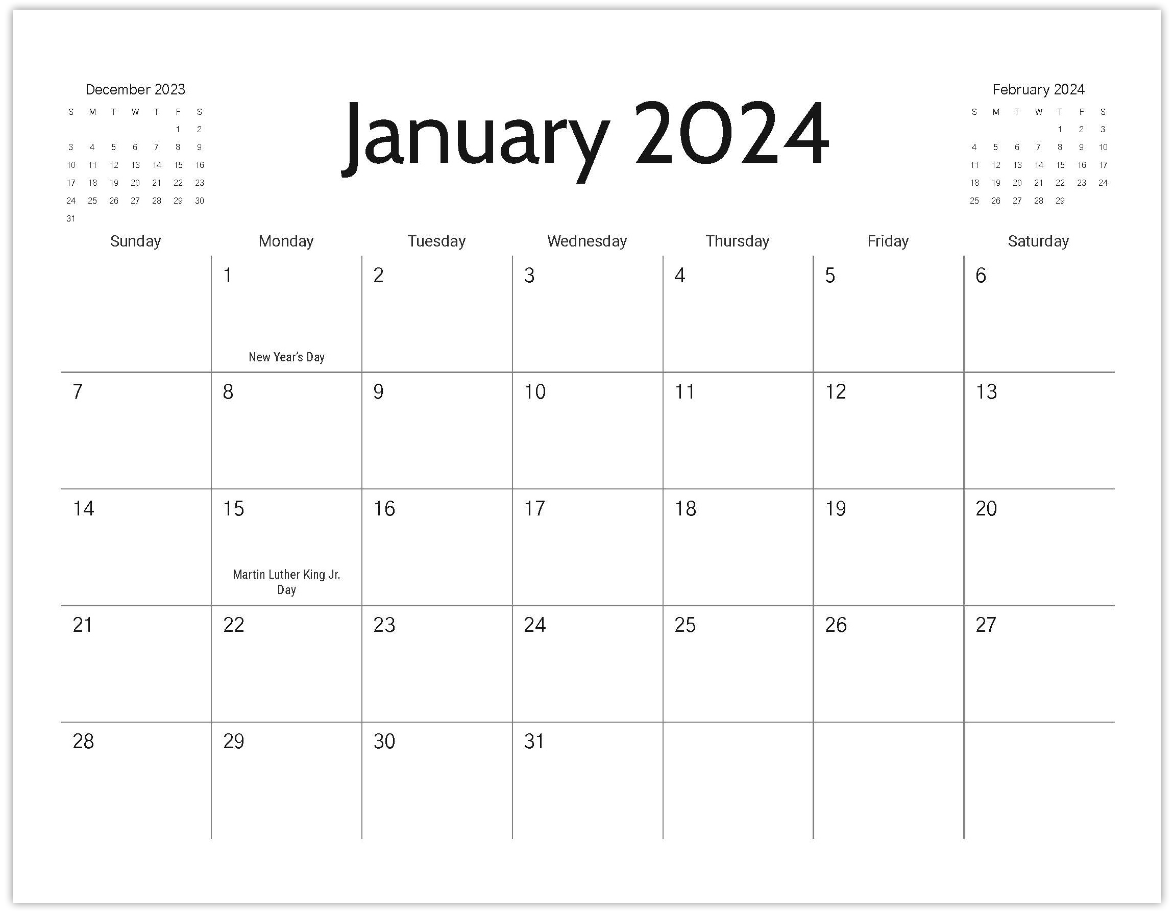 2024 Printable Calendar with Holidays By Month Calendar 2024