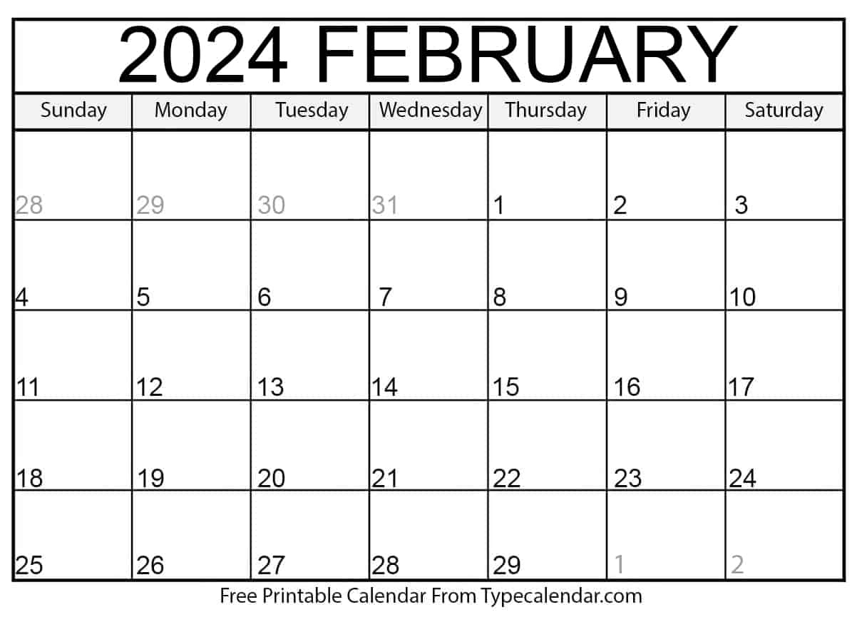 Free Printable February 2024 Calendars - Download | February 2024 Monthly Calendar Printable