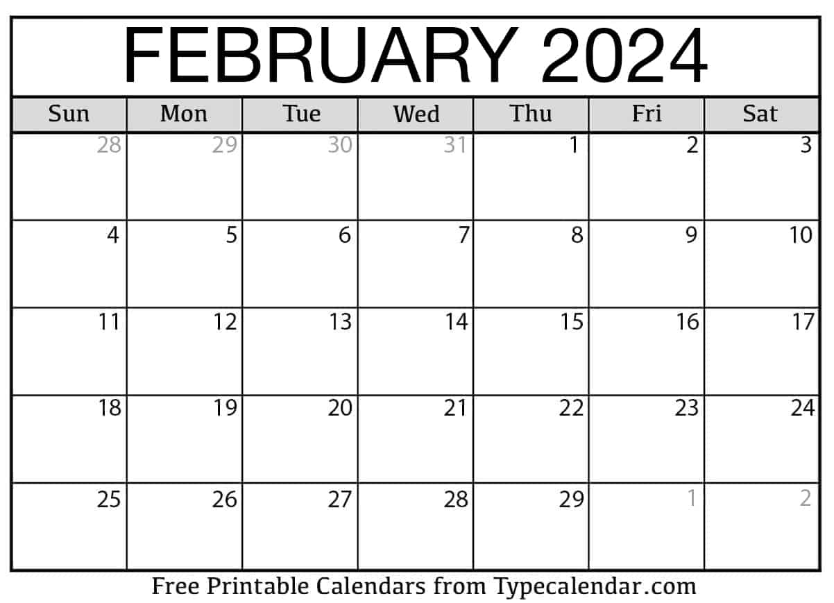 Free Printable February 2024 Calendars - Download | February 2024 Monthly Calendar Printable