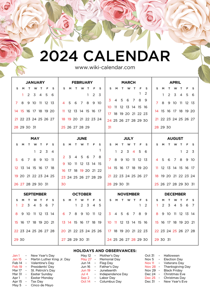 2024 Floral Calendar Printable | Calendar 2024