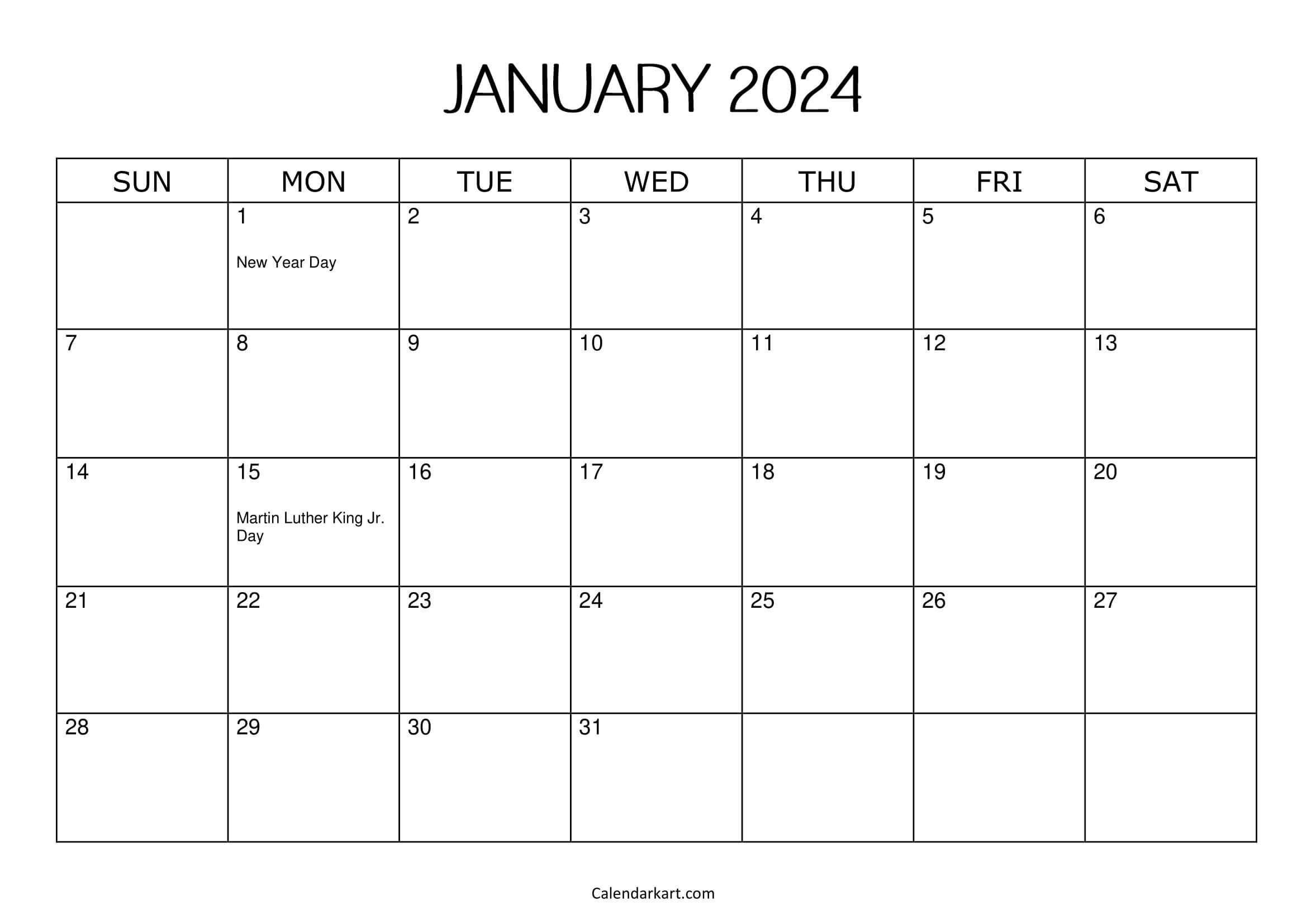 Free Printable January 2024 Calendars - Calendarkart | 2024 Printable Calendar with Holidays By Month