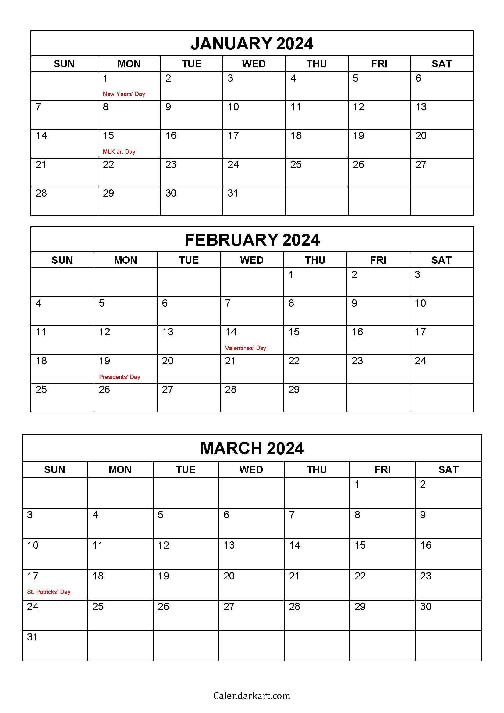 Free Printable January To March 2024 Calendar - Calendarkart | 2024 Quarterly Calendar Printable Free