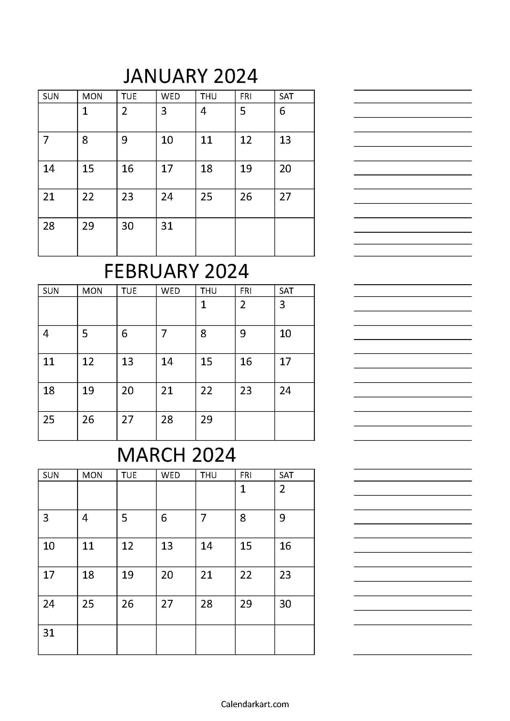 Free Printable January To March 2024 Calendar - Calendarkart | 3 Month Calendar 2024 Printable