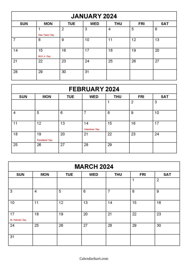 Q1 2024 Calendar Printable | Calendar 2024