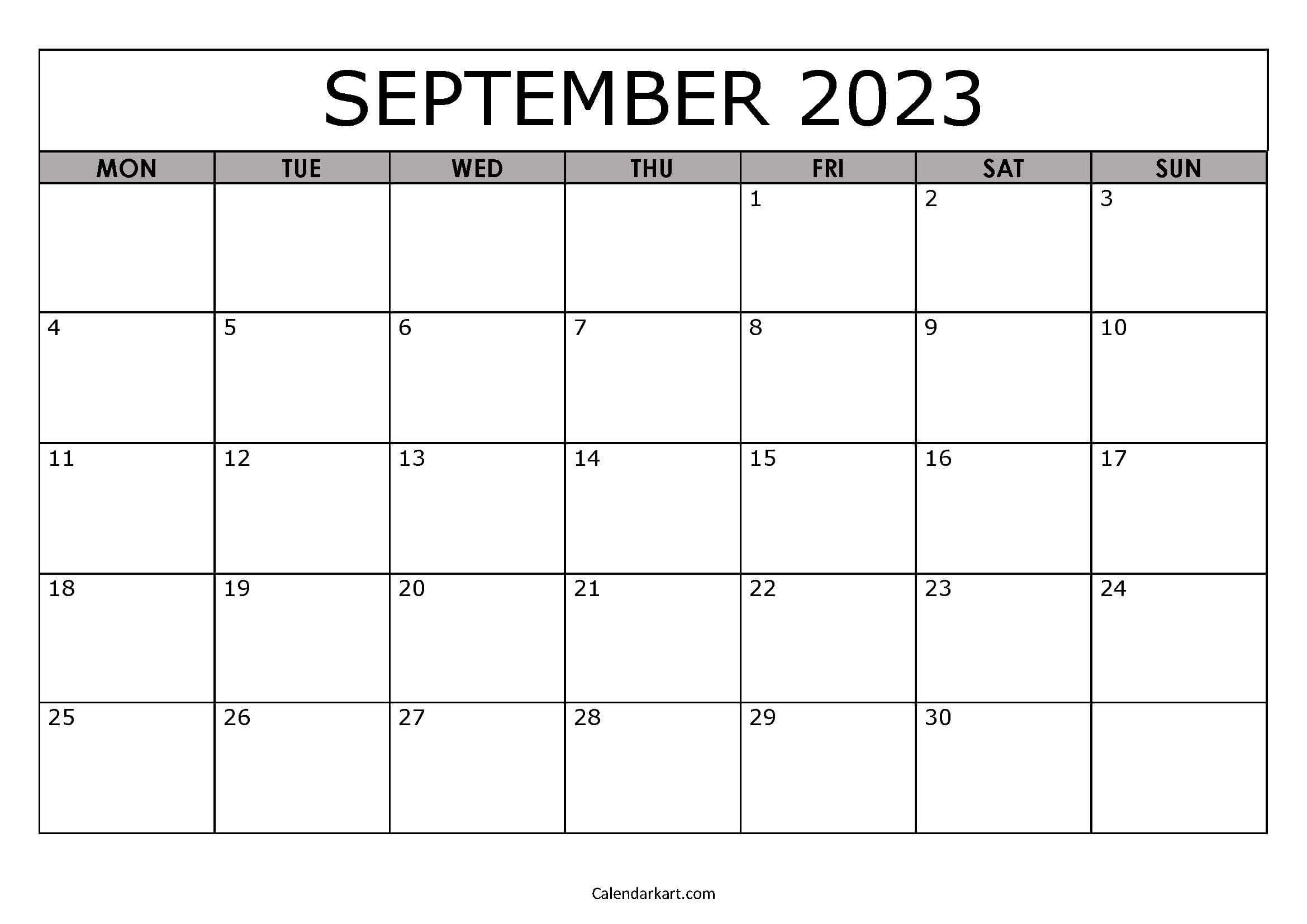 Free Printable September 2023 Calendars - Calendarkart | Free Printable 2024 Calendar Monday Start