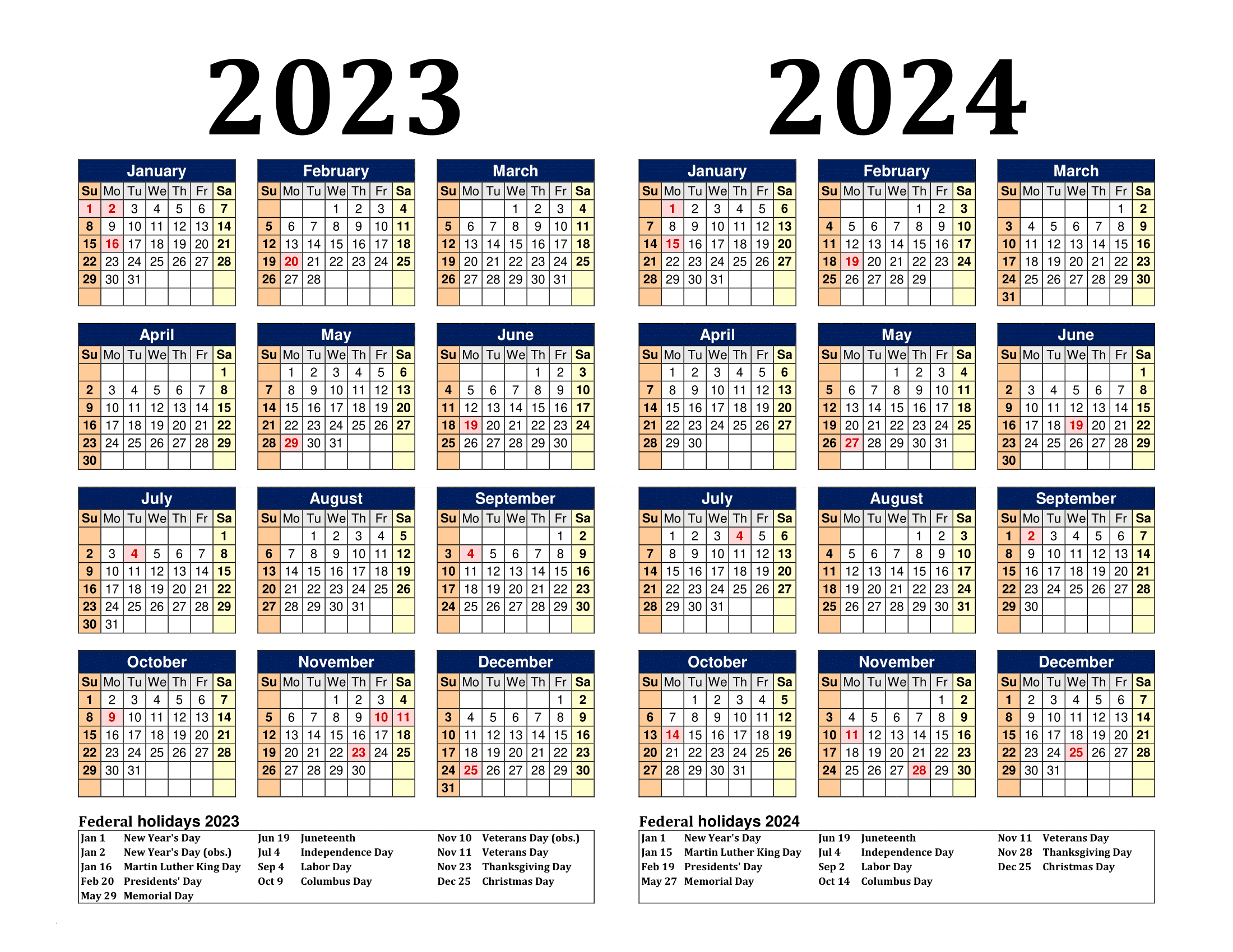 Free Printable Two Year Calendar Templates For 2023 And 2024 In Pdf | 2 Year Printable Calendar 2023 and 2024