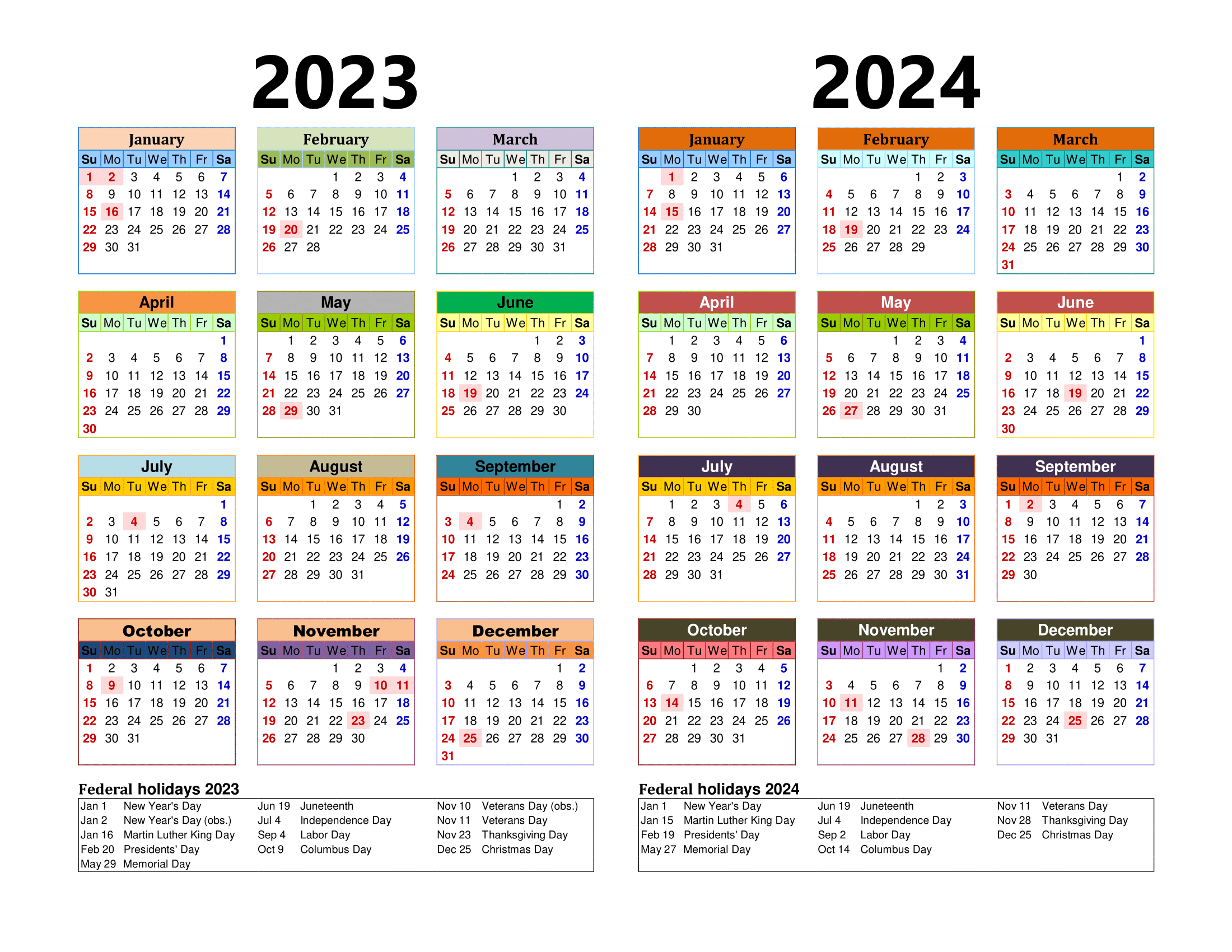 Free Printable Two Year Calendar Templates For 2023 And 2024 In Pdf | 2023 And 2024 Calendar With Holidays Printable