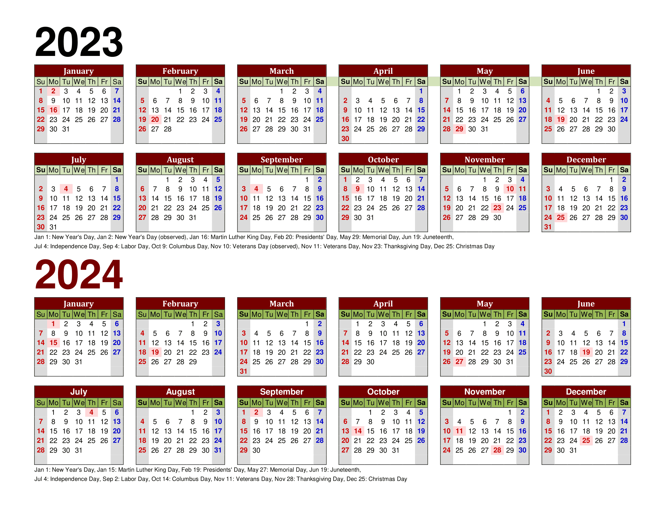 Free Printable Two Year Calendar Templates For 2023 And 2024 In Pdf | 2023 and 2024 Yearly Calendar Printable