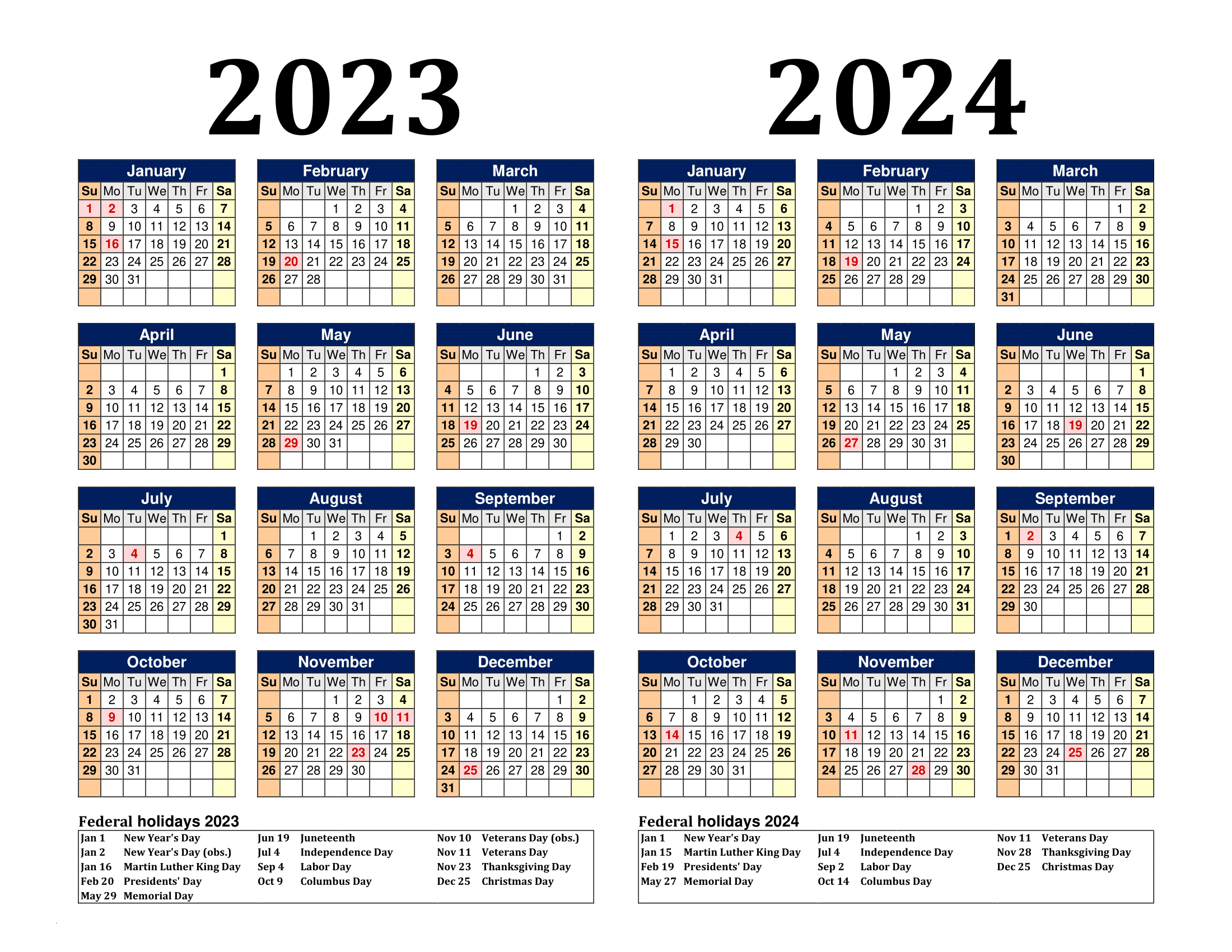 Free Printable Two Year Calendar Templates For 2023 And 2024 In Pdf | 2023 Calendar 2024 Printable Monthly