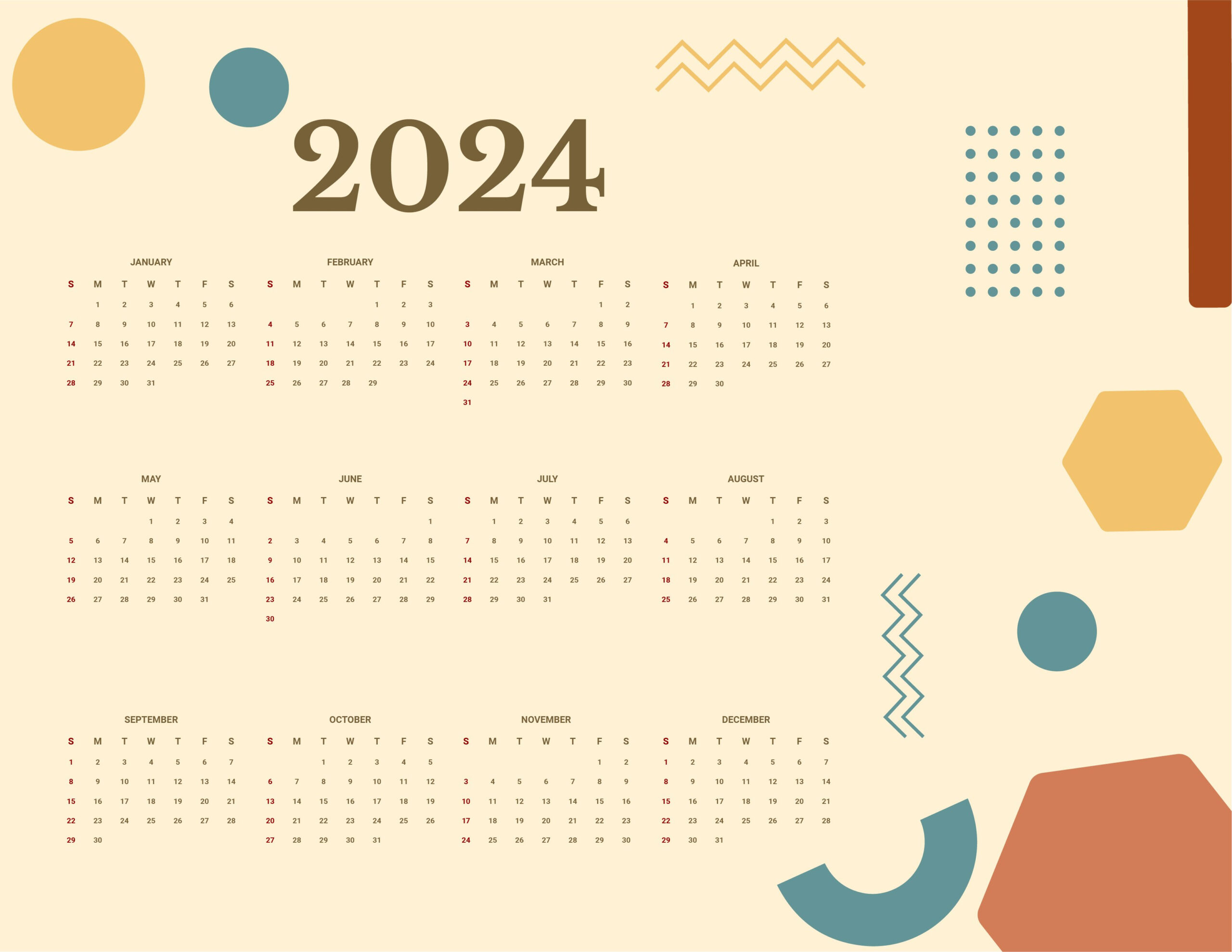 Free Printable Year 2024 Calendar - Download In Word, Google Docs | 2024 Calendar Printable Free Word