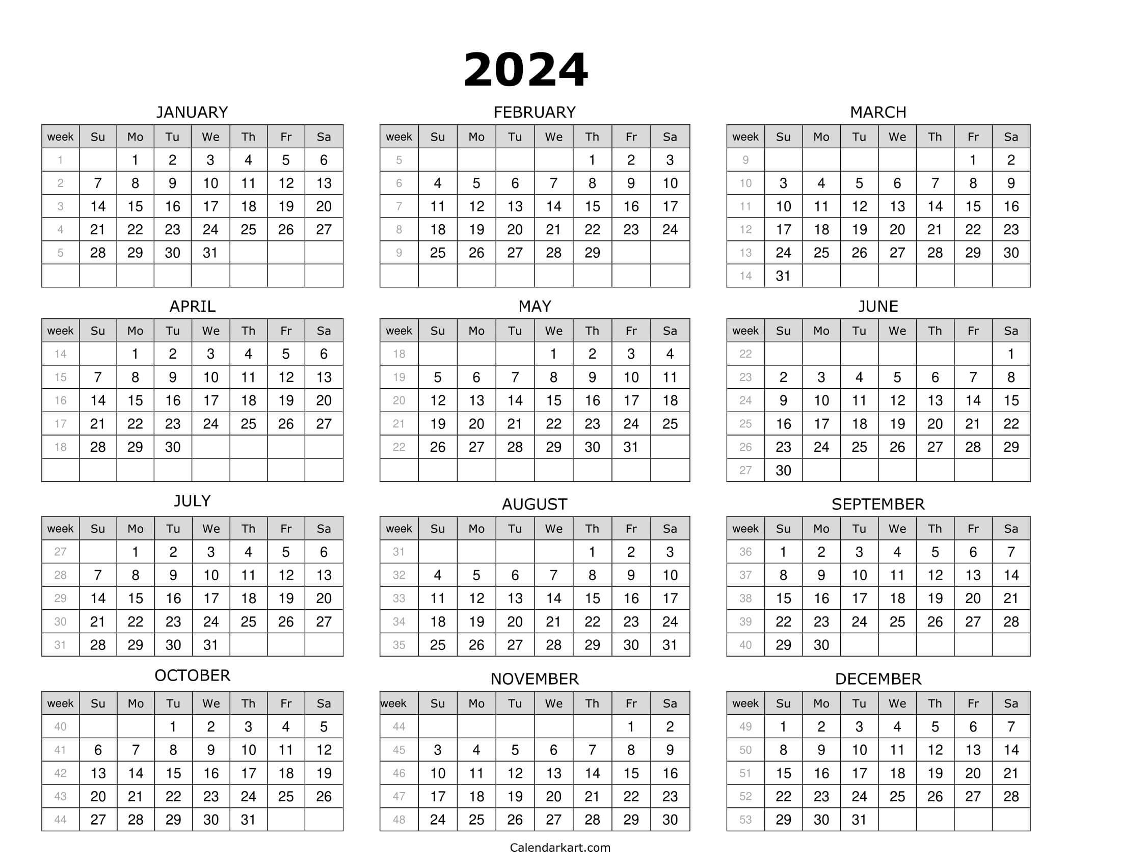 Free Printable Year at a Glance Calendar 2024 | Calendar 2024 ...
