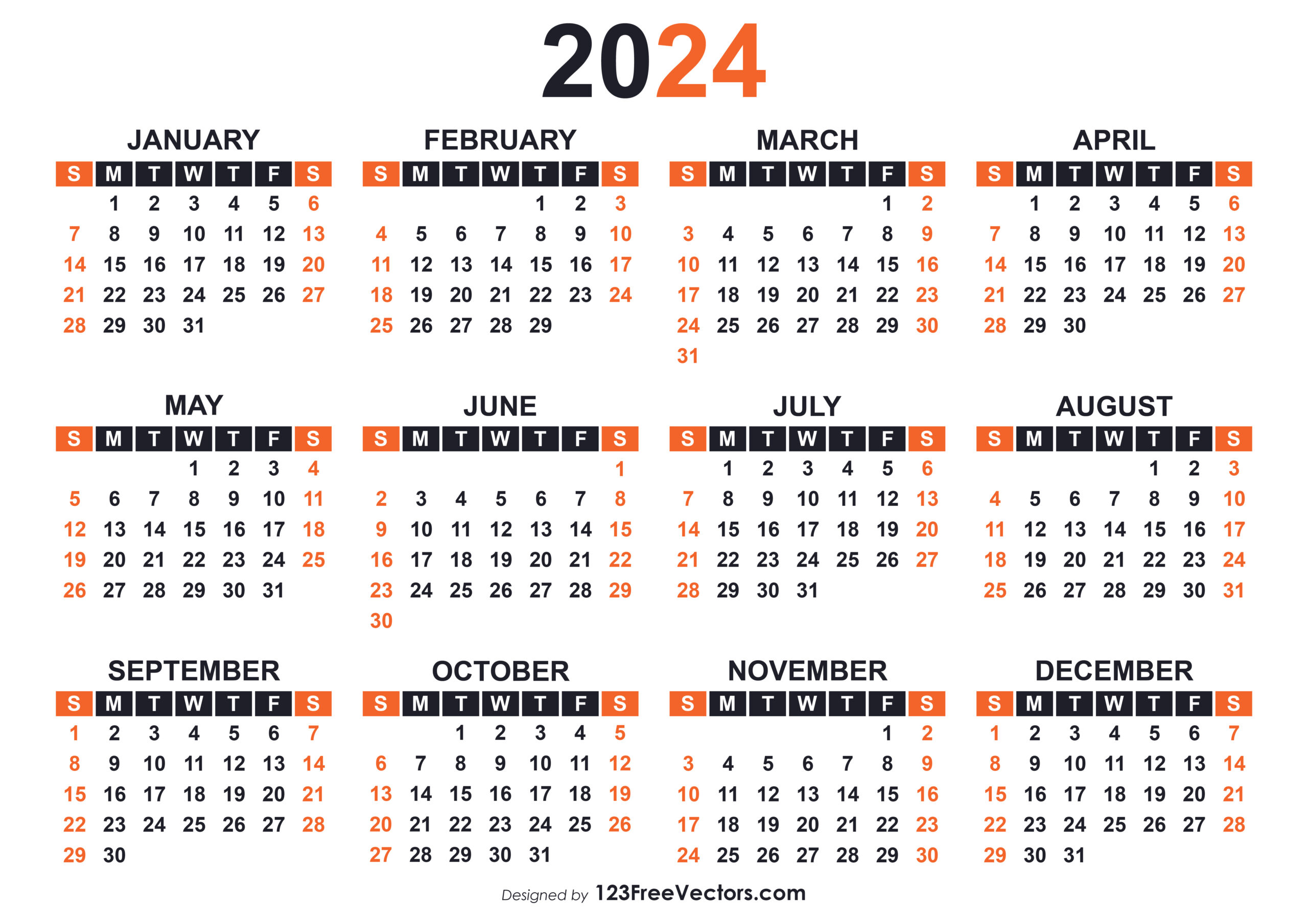 Free Yearly Calendar 2024 Printable | 4 Year Calendar 2020 To 2024 Printable