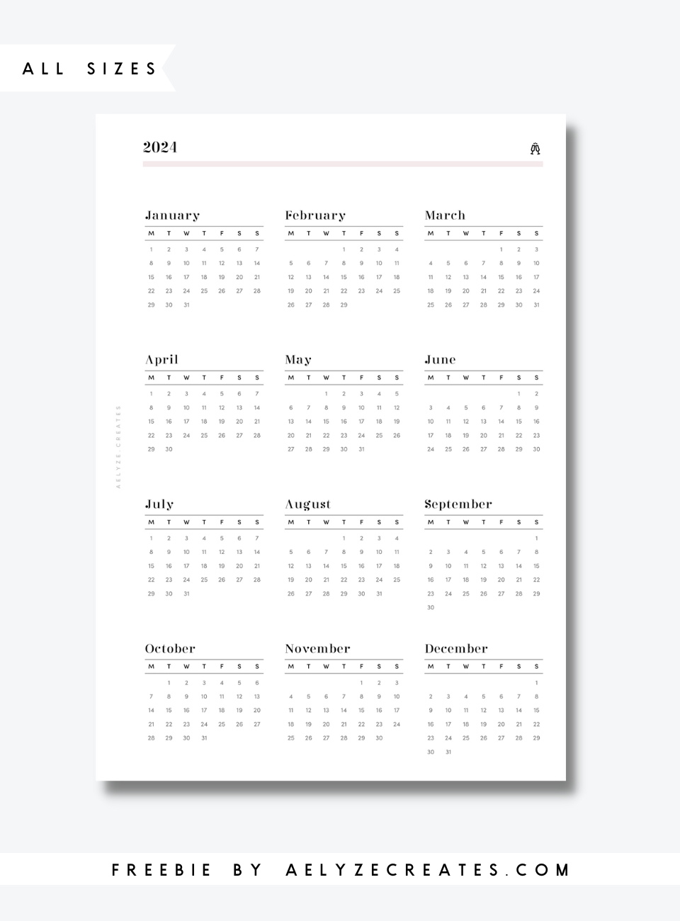 Freebie - All Sizes - 2024 Glance - Aelyzecreates |  Calendar 2024