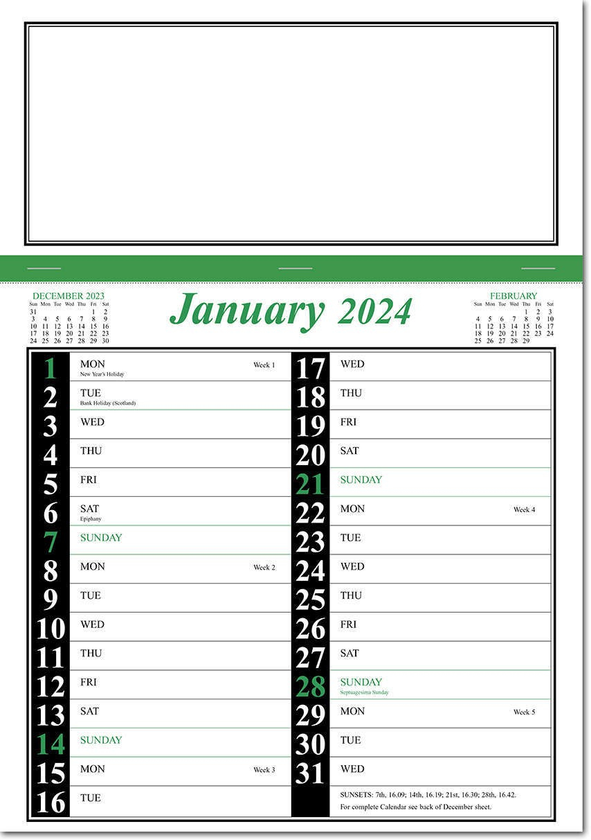 Green &amp;amp; Black Memo Postal Saver Calendar 2024 - Rose Calendars | Postal Calendar 2024 Printable