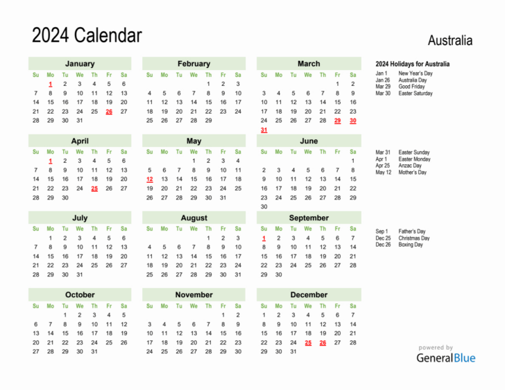 2024 Calendar with Holidays Australia Printable | Calendar 2024