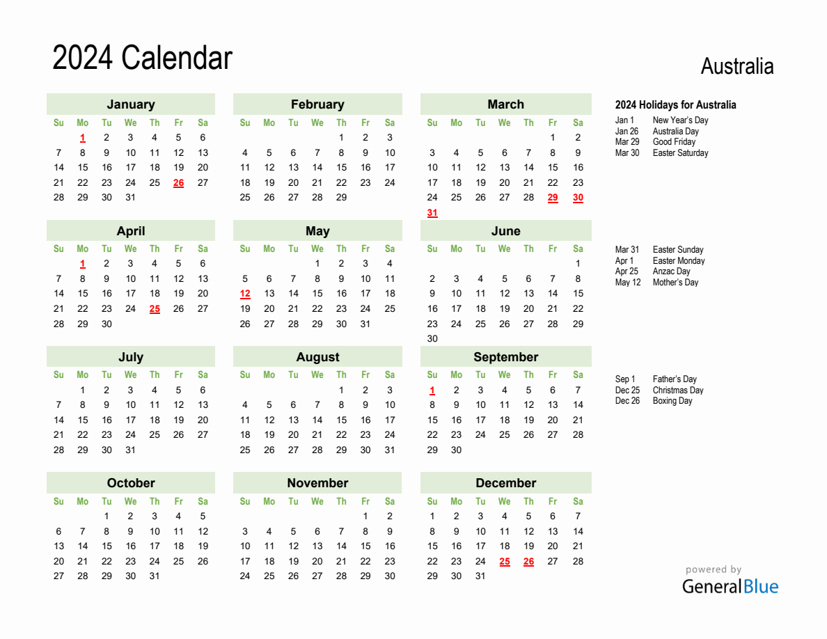 Holiday Calendar 2024 For Australia (Sunday Start) | 2024 Calendar with Holidays Australia Printable