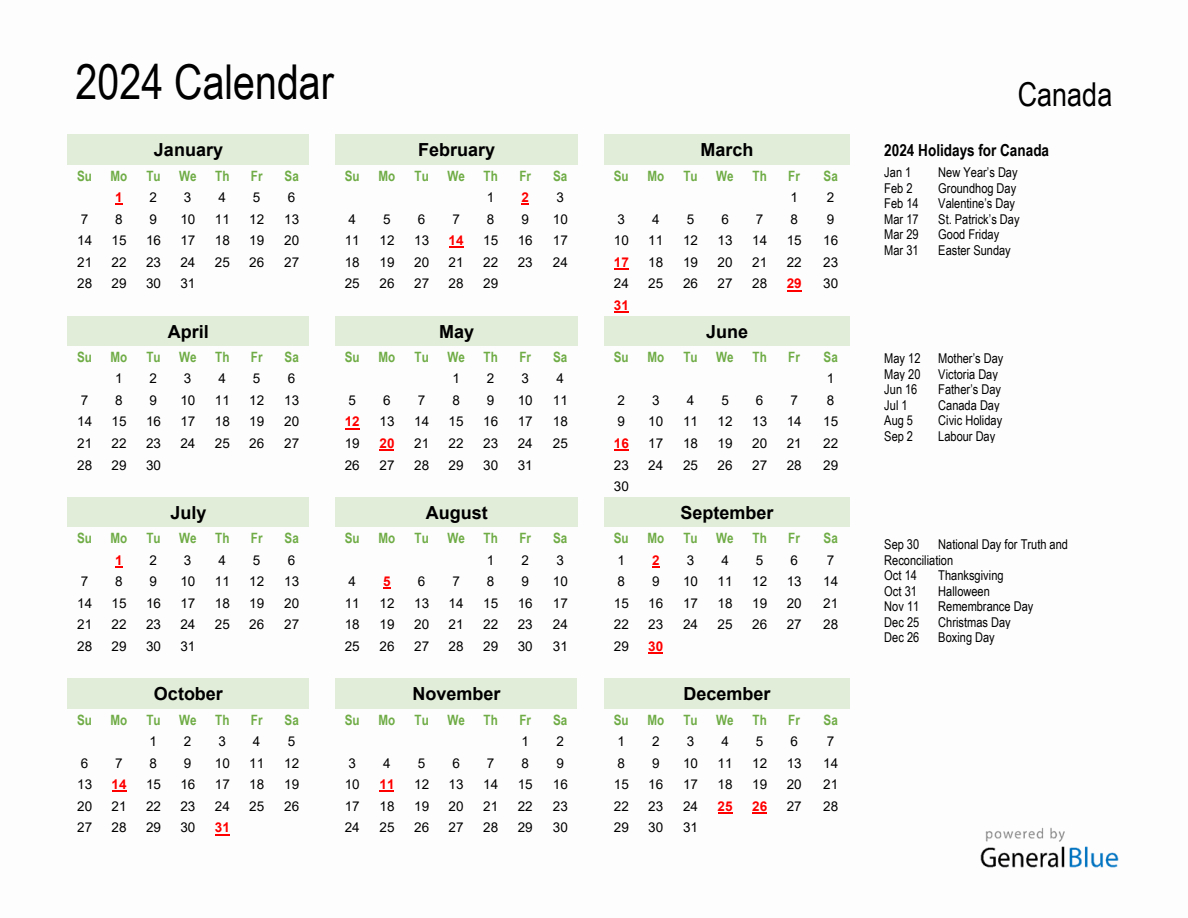 Holiday Calendar 2024 For Canada (Sunday Start) | 2024 Calendar with Canadian Holidays Printable