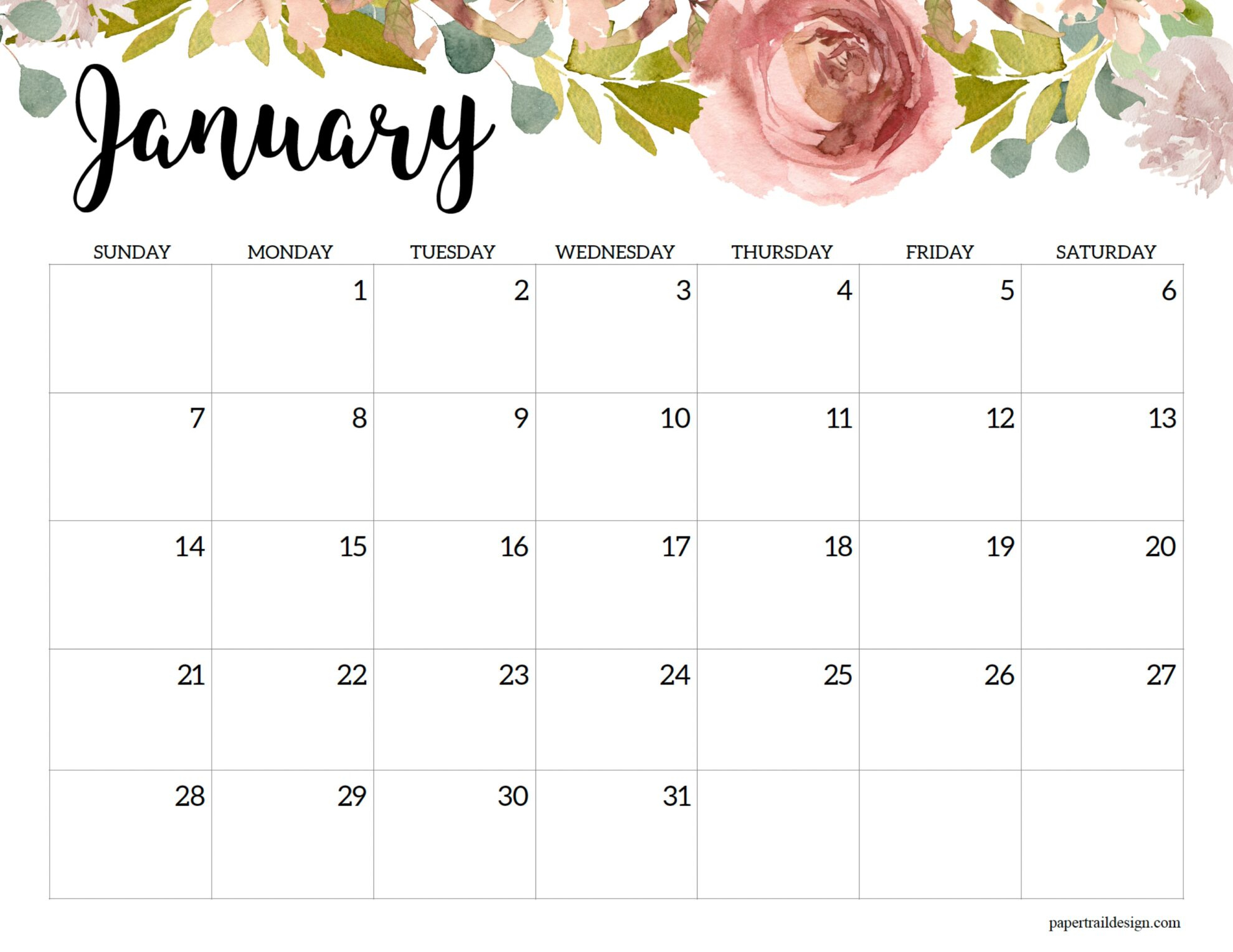 Horizontal Floral Printable Calendar -2024 - Paper Trail Design | 2024 Floral Calendar Printable