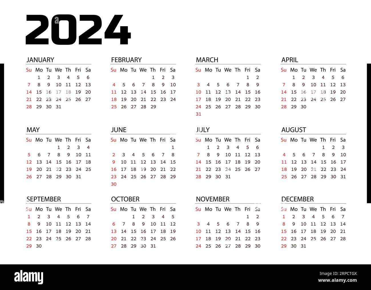 Horizontal Pocket Calendar On 2024 Year. Vector Template Calendar |  Calendar 2024