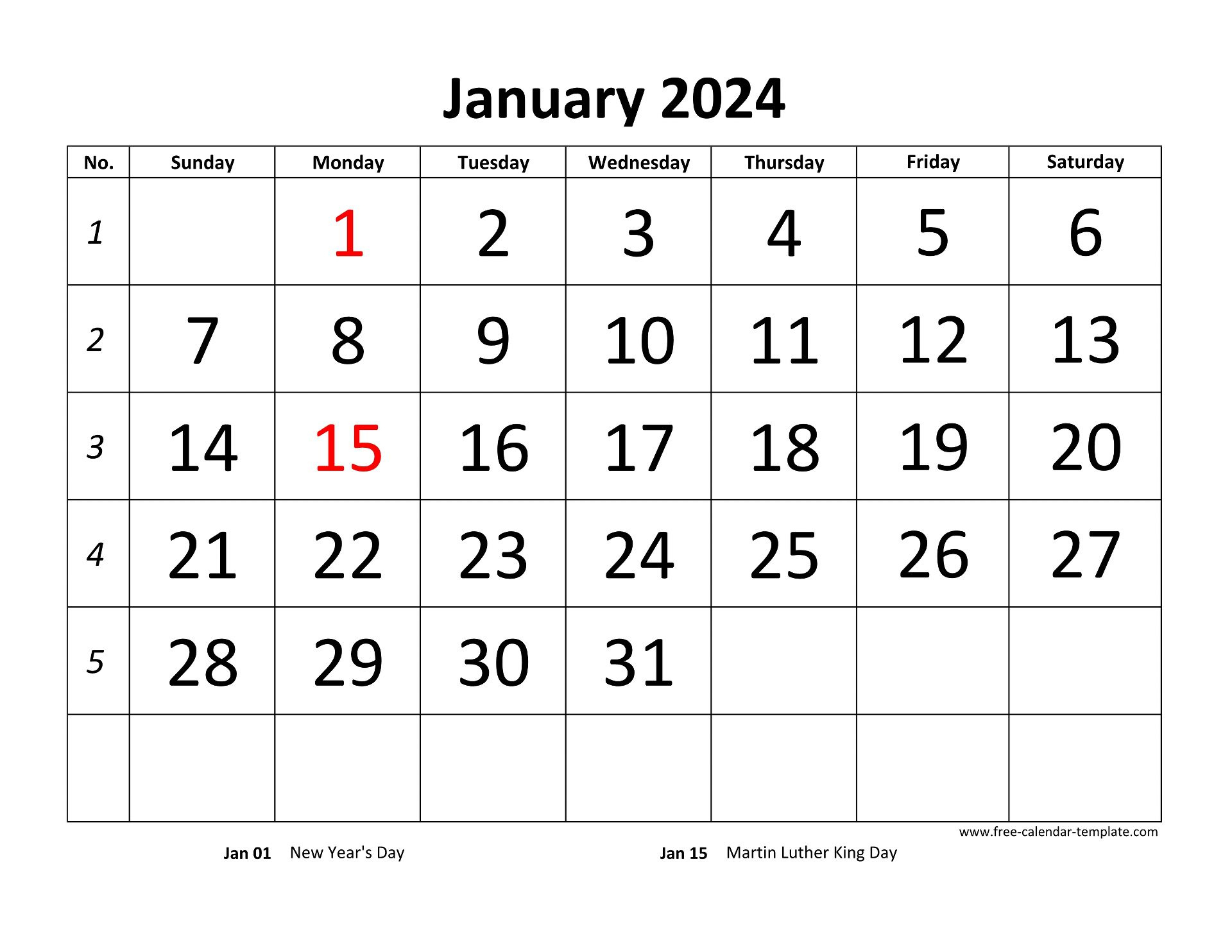January 2024 Calendar Designed With Large Font (Horizontal) | Free |  Calendar 2024