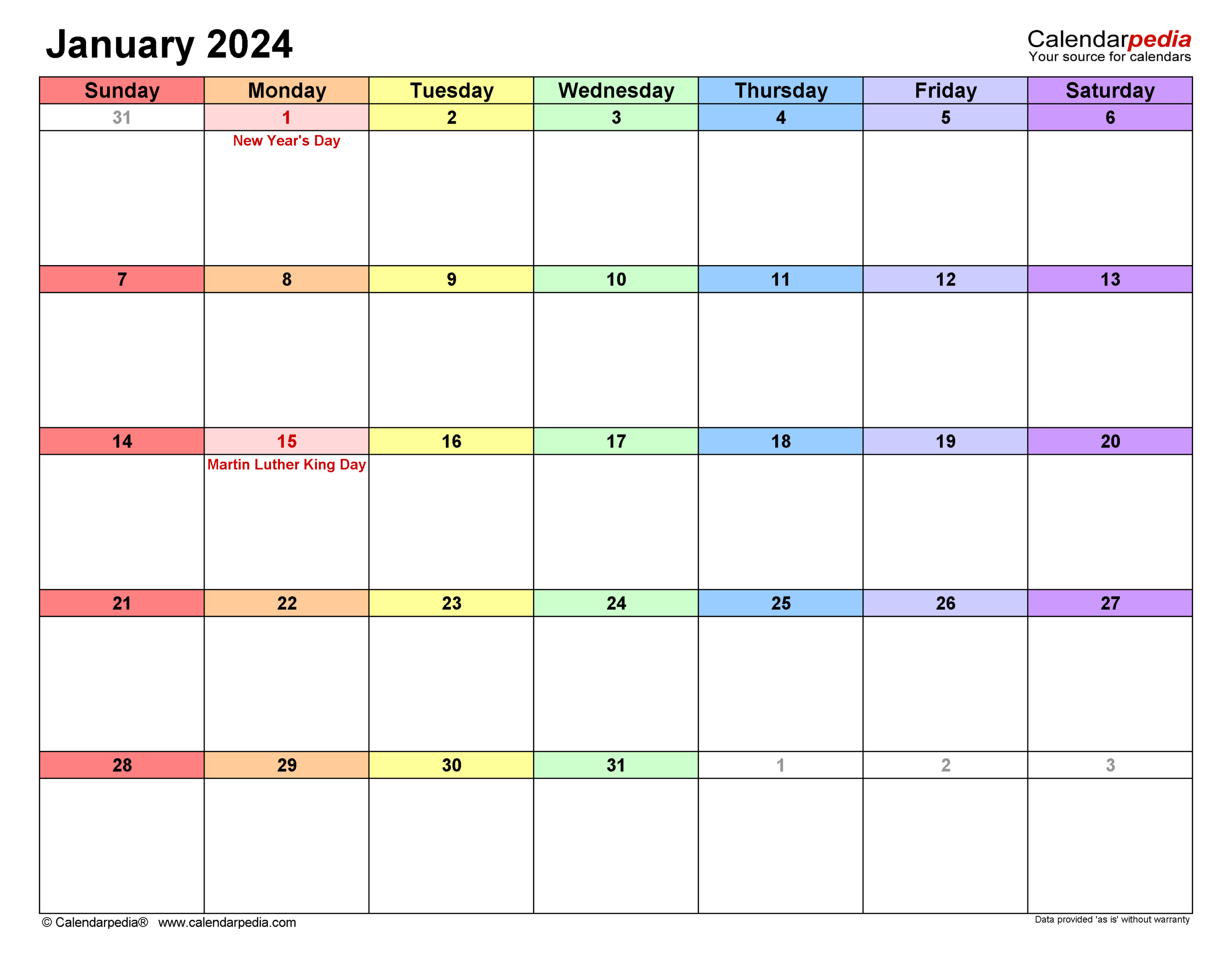 January 2024 Calendar | Templates For Word, Excel And Pdf | January 2024 Printable Calendar Word