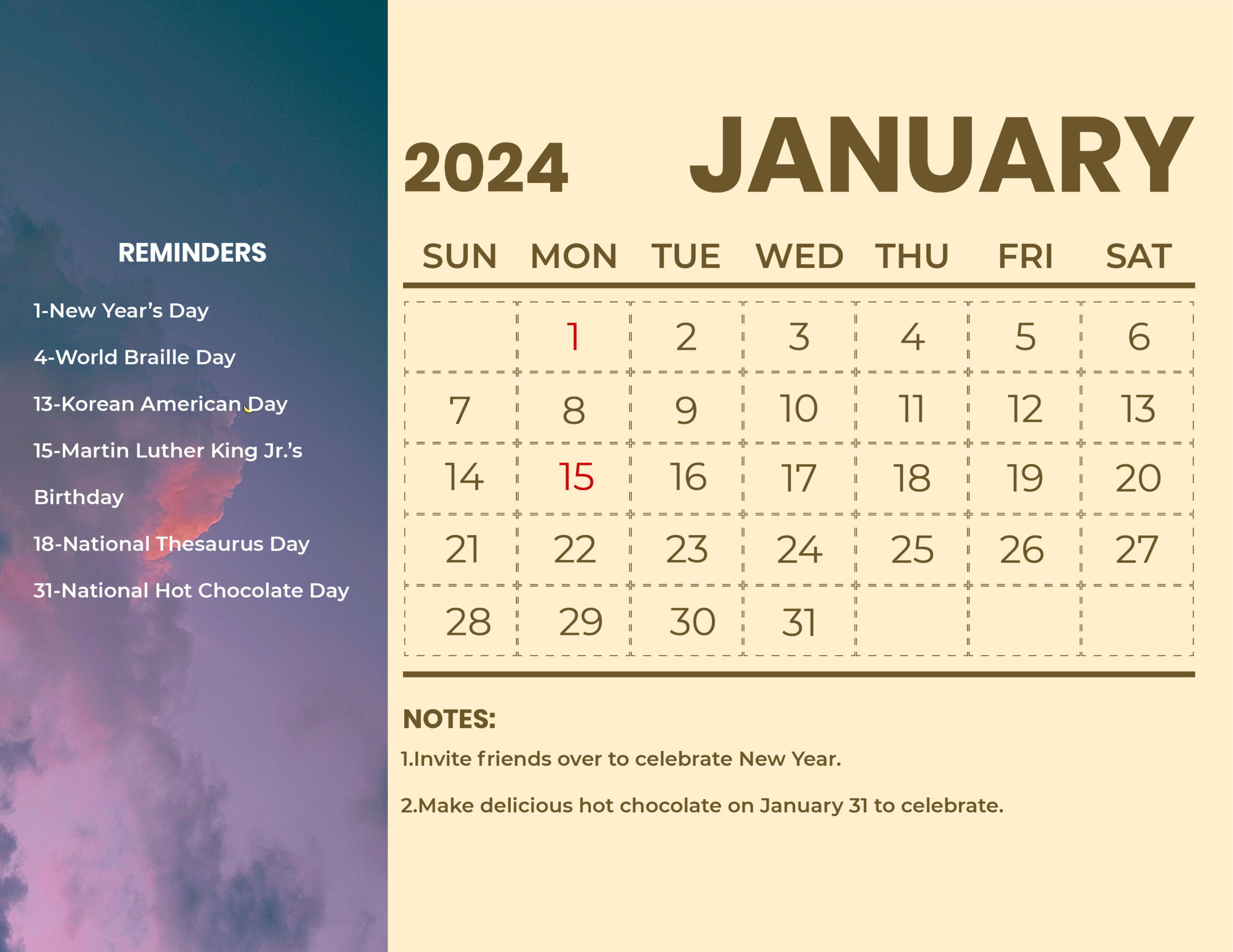 January 2024 Calendar With Holidays - Download In Word |  Calendar 2024