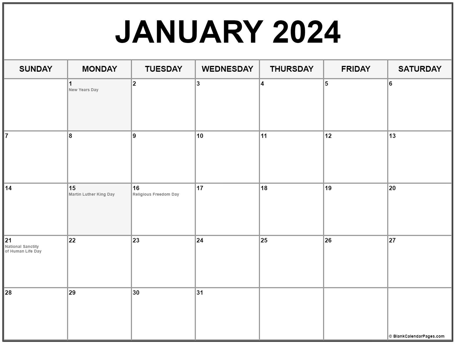 January 2024 With Holidays Calendar | 2024 Monthly Calendar Printable with Holidays