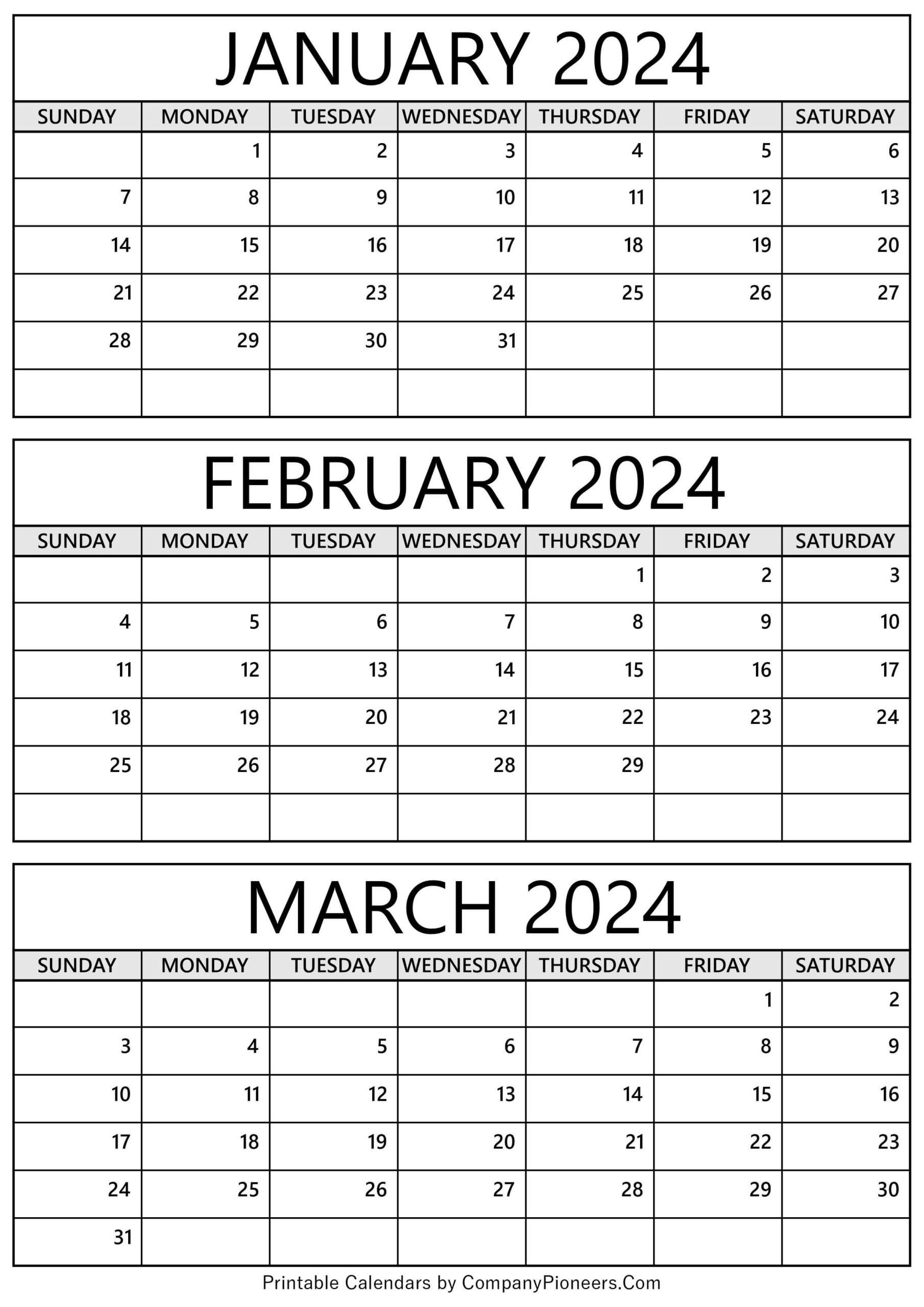 January February March 2024 Calendar Printable - Template |  Calendar 2024