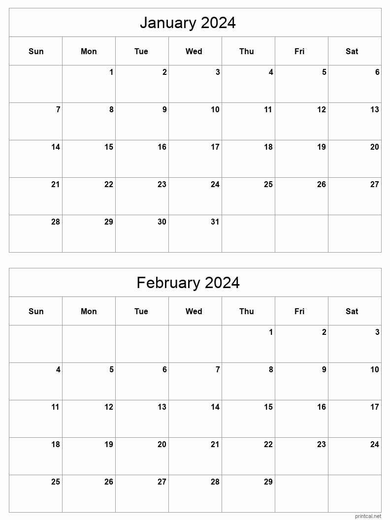 January To February 2024 Printable Calendar | Two Months Per Page |  Calendar 2024