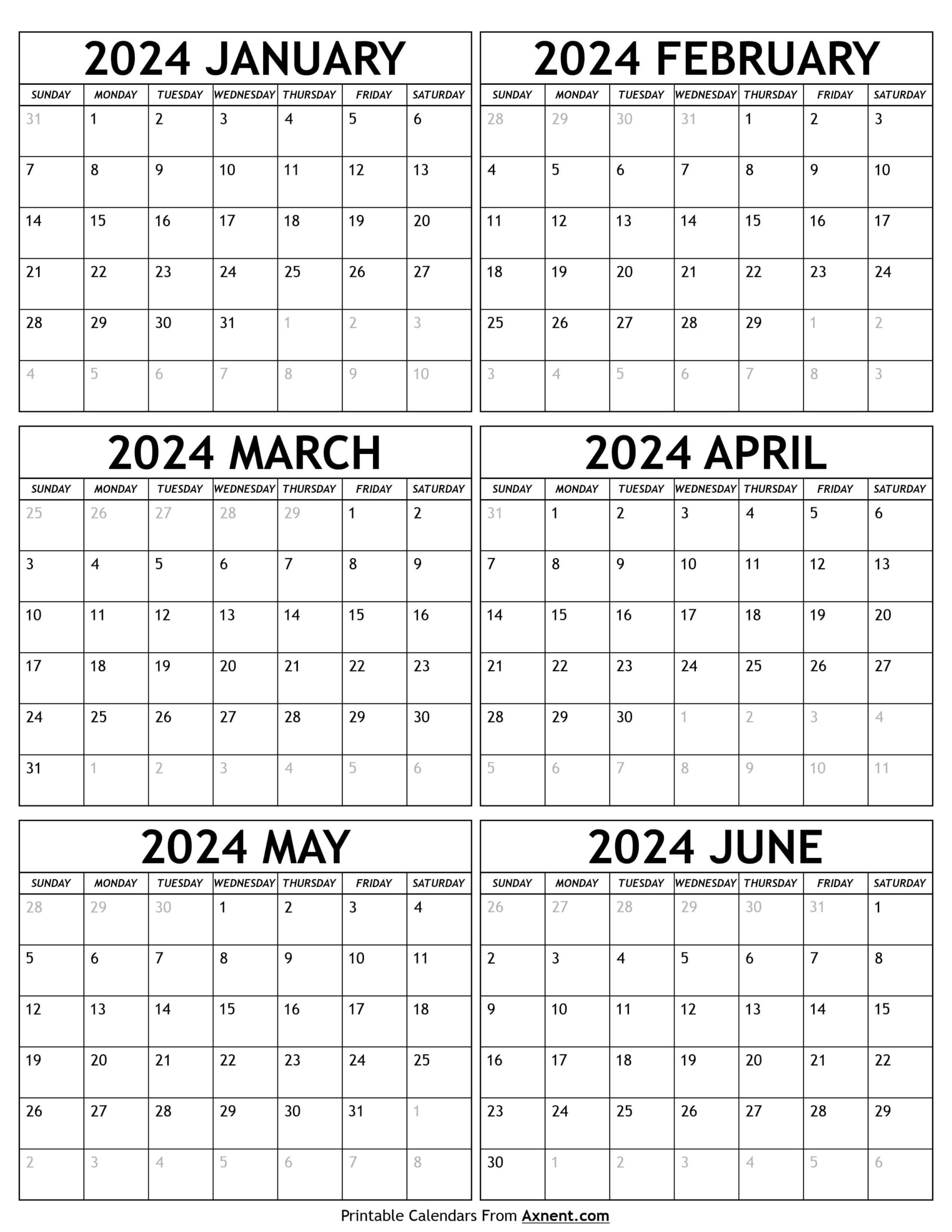 January To June 2024 Calendar Templates - Six Months | 6 Month Calendar 2024 Printable