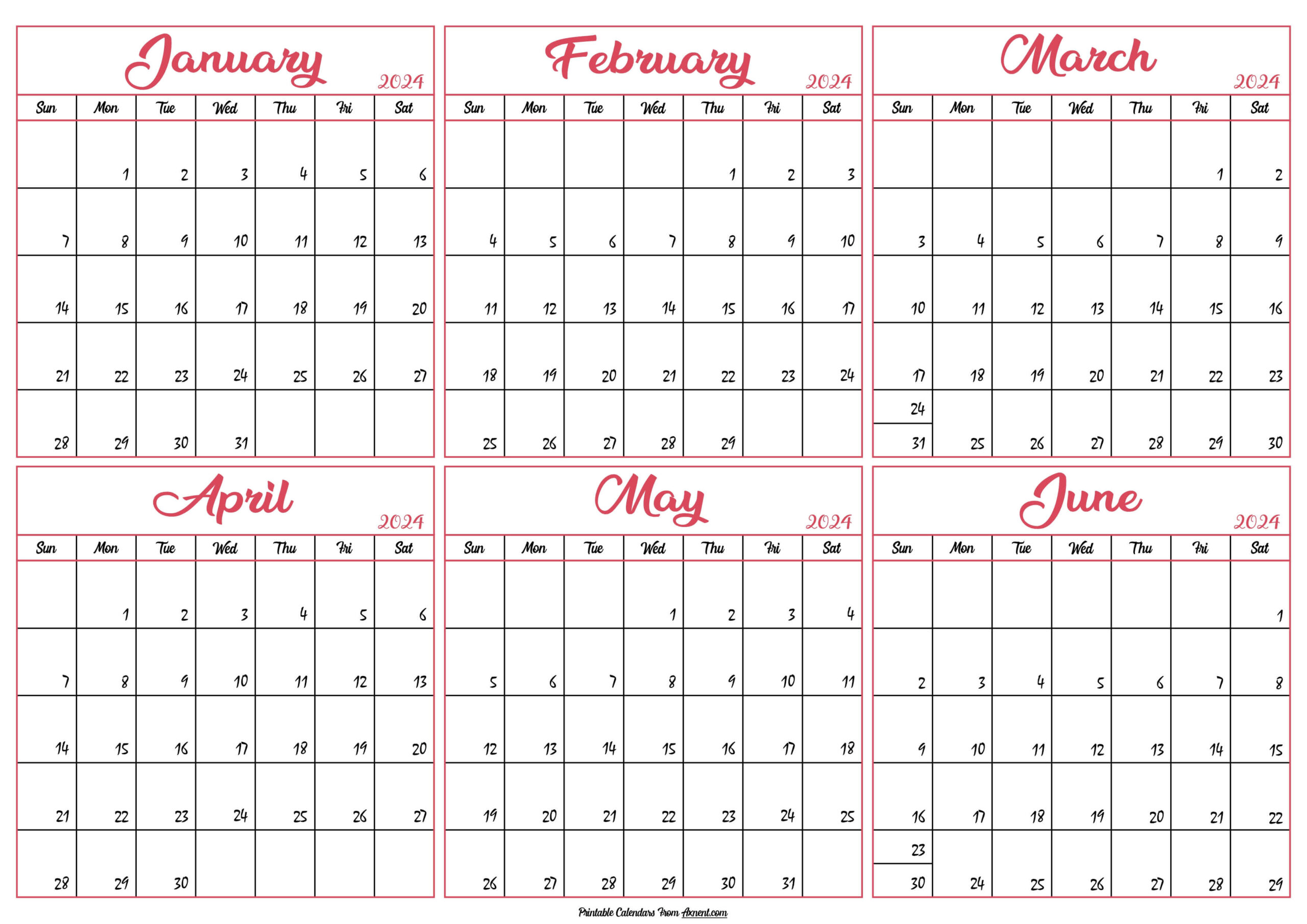 January To June 2024 Calendar Templates - Six Months |  Calendar 2024