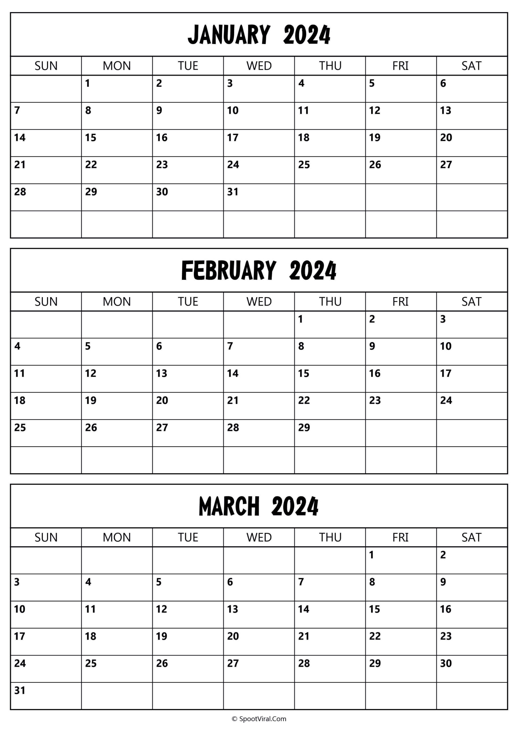 January To March 2024 Calendar Templates - Spootviral | January February March 2024 Calendar Printable