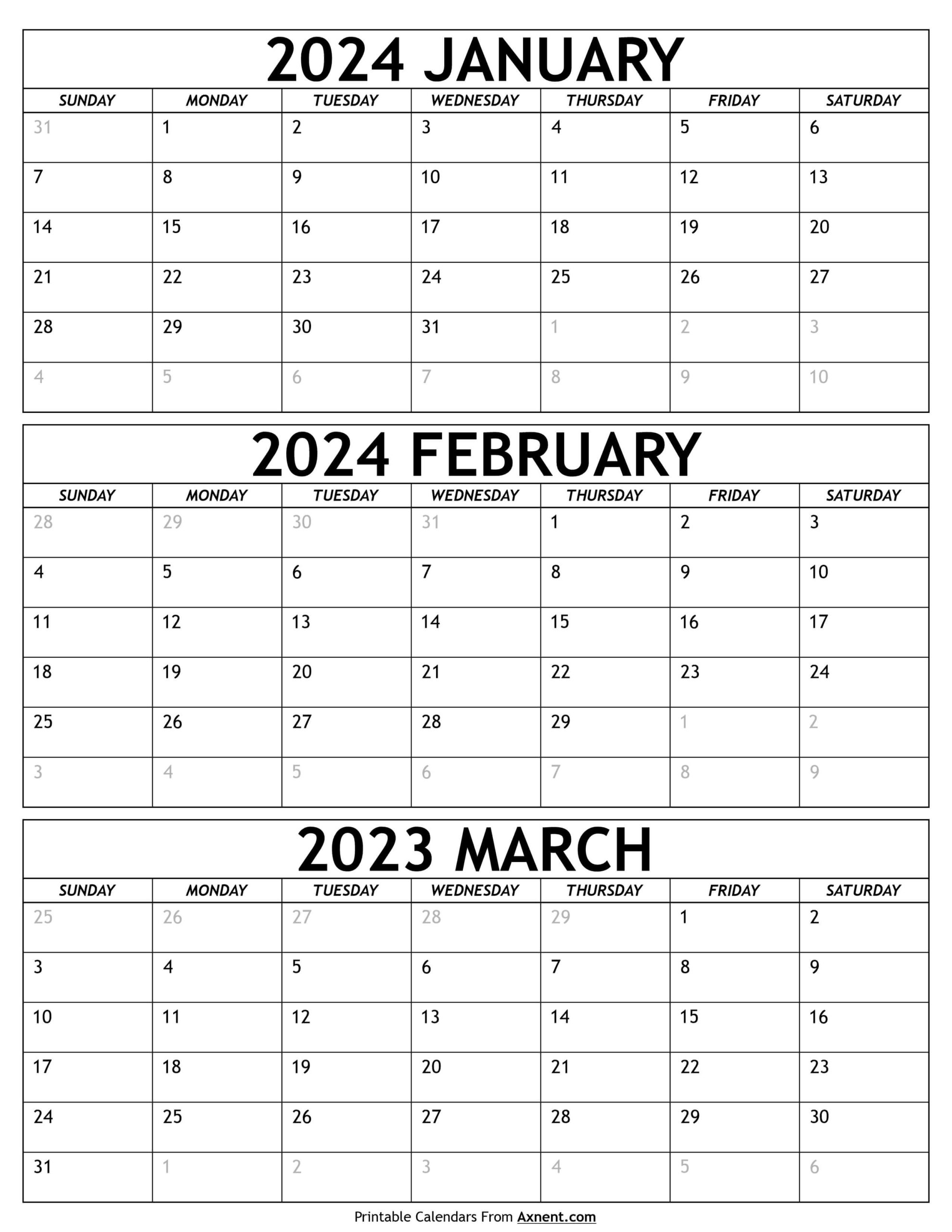 January To March Calendar 2024 Templates - Three Months | 2024 Quarterly Calendar Printable Free