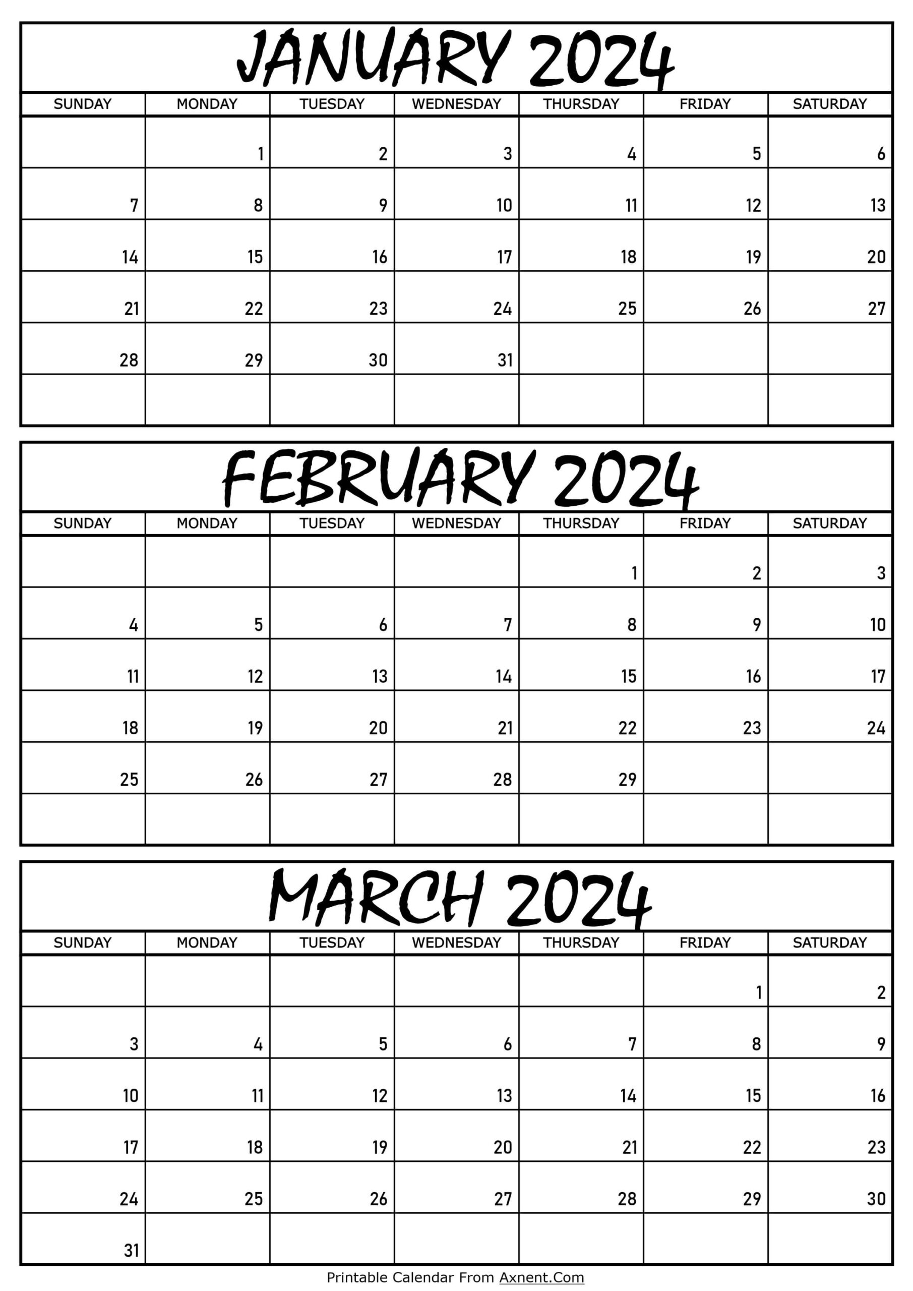 January To March Calendar 2024 Templates - Three Months | January February March 2024 Calendar Printable