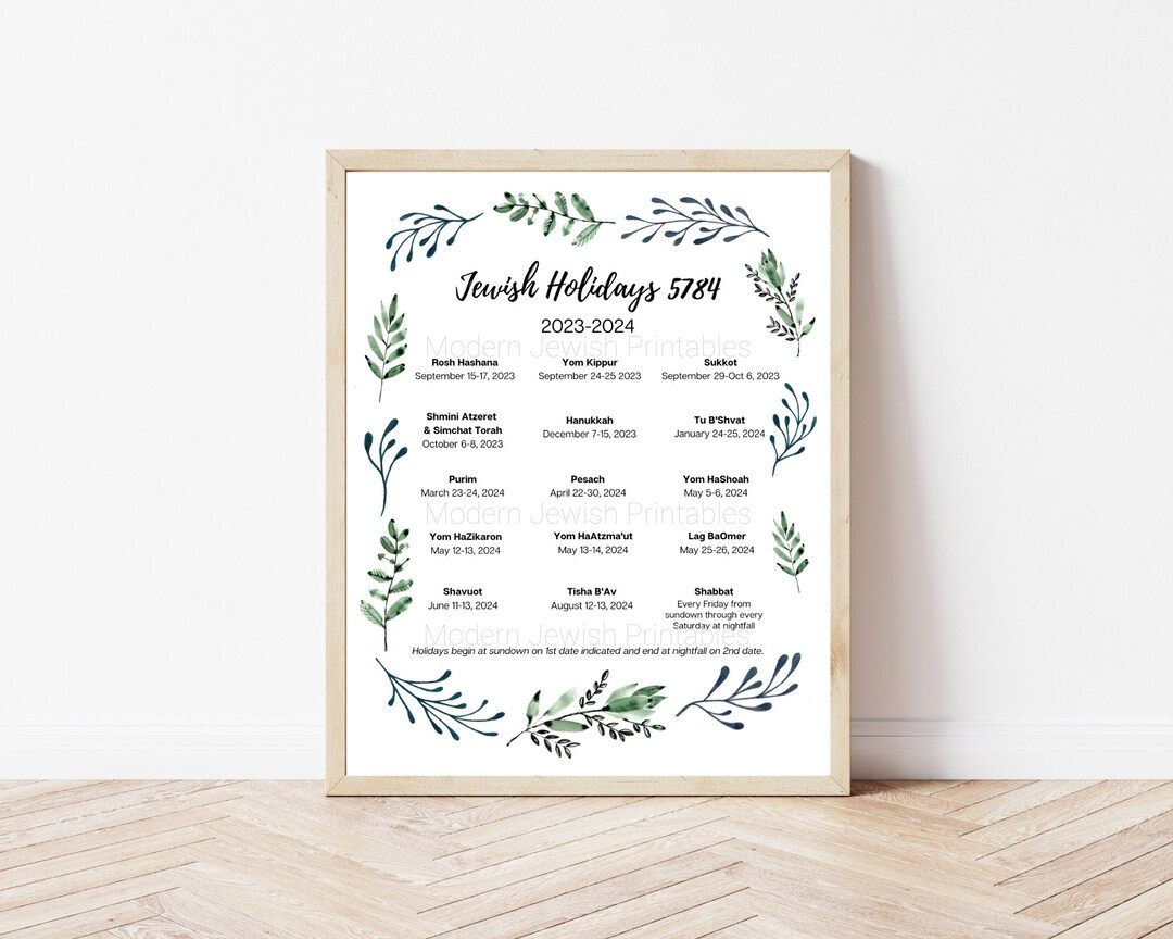 Jewish Holiday Calendar Leafy Border Art Print For 5784 - Etsy | 2024 Calendar With Jewish Holidays Printable