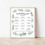 Jewish Holiday Calendar Leafy Border Art Print For 5784   Etsy | Jewish Holidays 2024 Calendar Printable