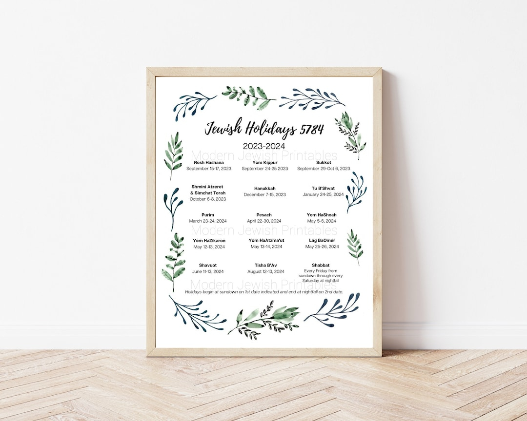 Jewish Holiday Calendar Leafy Border Art Print For 5784 - Etsy | Jewish Holidays 2024 Calendar Printable