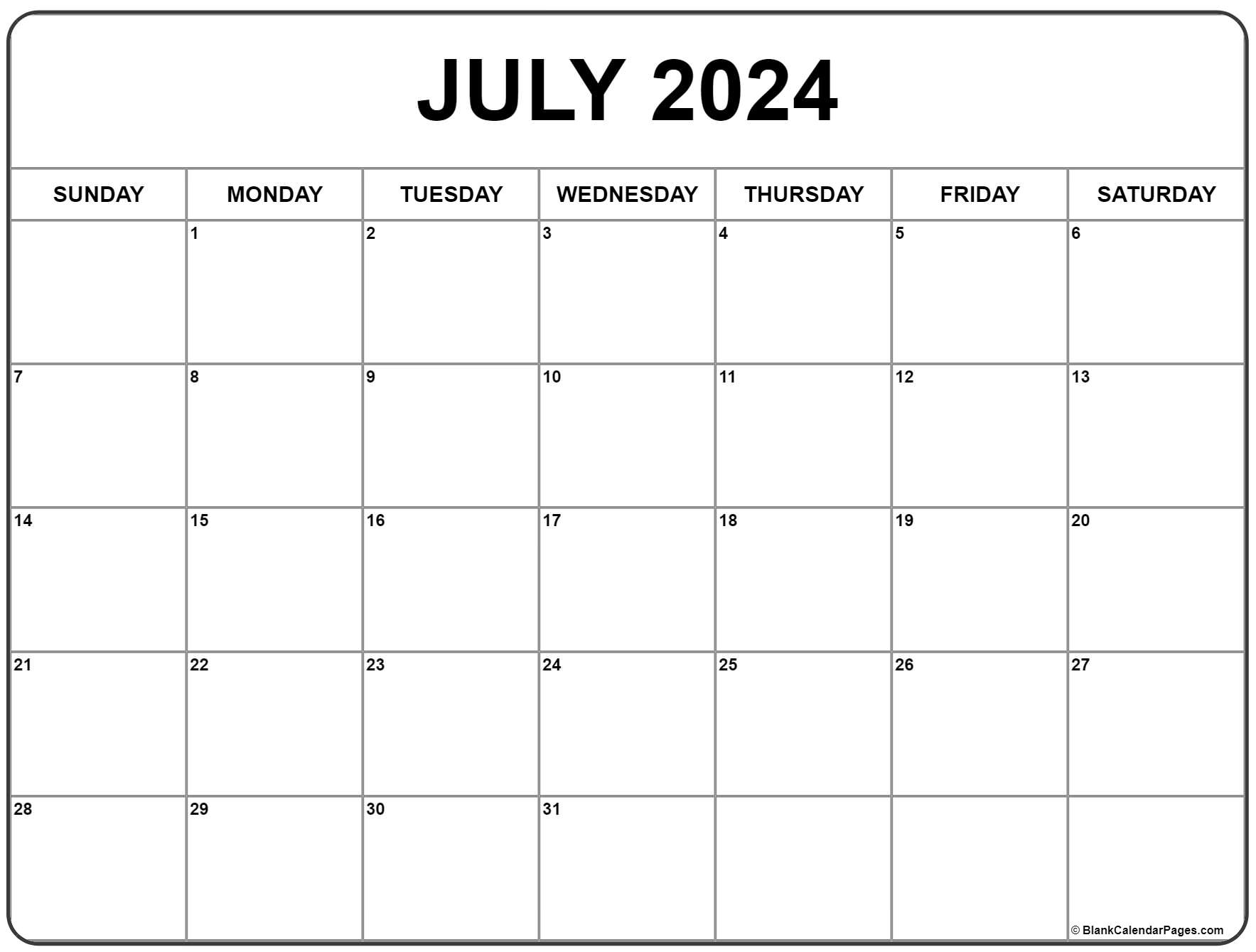 July 2024 Calendar | Free Printable Calendar | July 2024 Calendar Printable