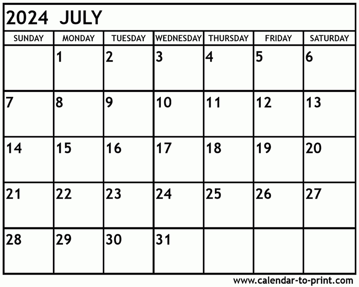 July 2024 Calendar Printable | Free Printable Calendar July 2024