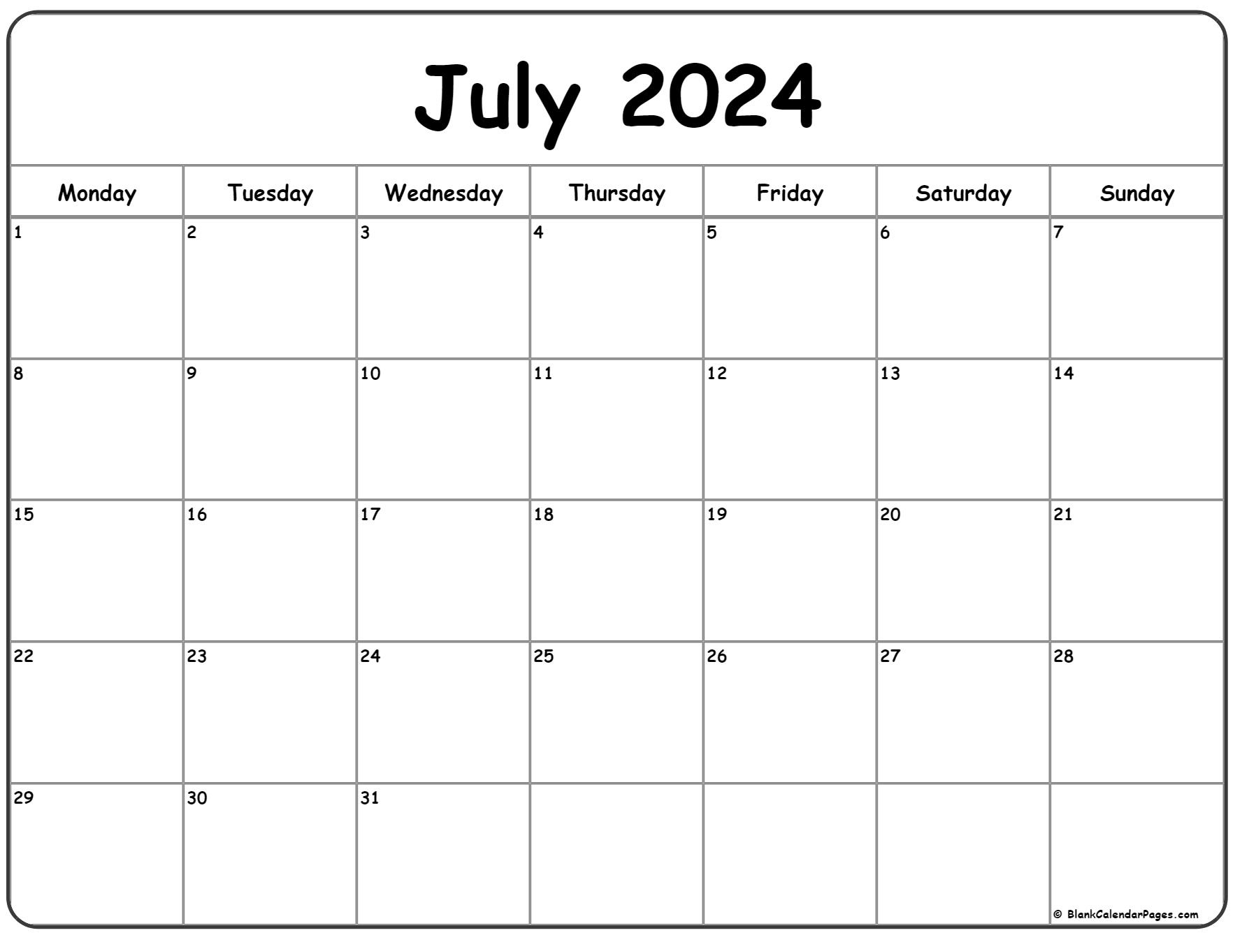 July 2024 Monday Calendar | Monday To Sunday |  Calendar 2024