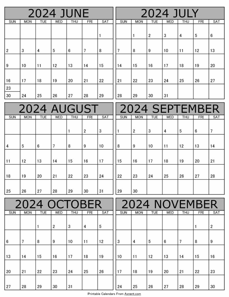 June To November 2024 Calendar Templates - Six Months | 6 Month Calendar 2024 Printable