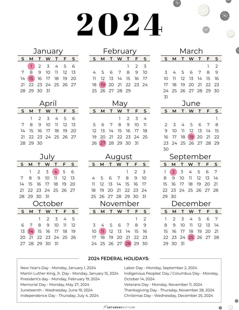 List Of Federal Holidays 2024 In The U.s. | Saturdaygift | 2024 Calendar Printable with Federal Holidays