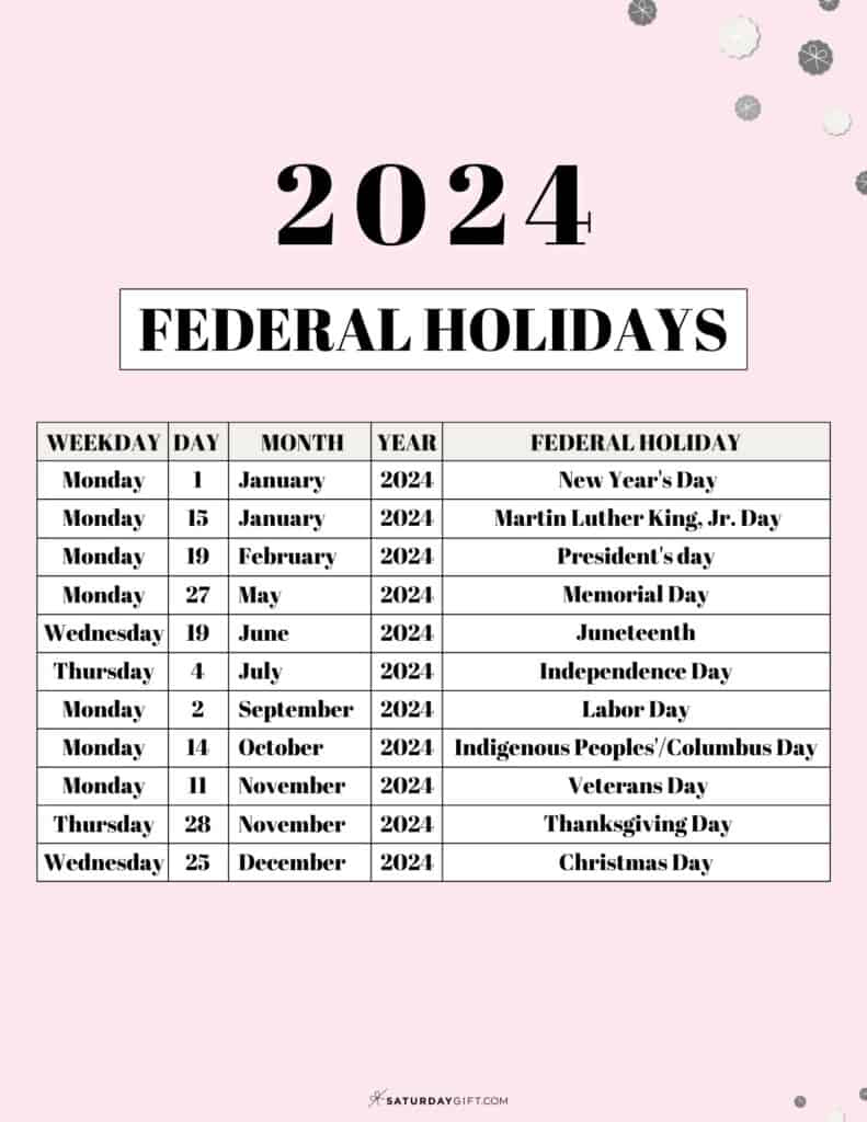 List Of Federal Holidays 2024 In The U.s. | Saturdaygift |  Calendar 2024