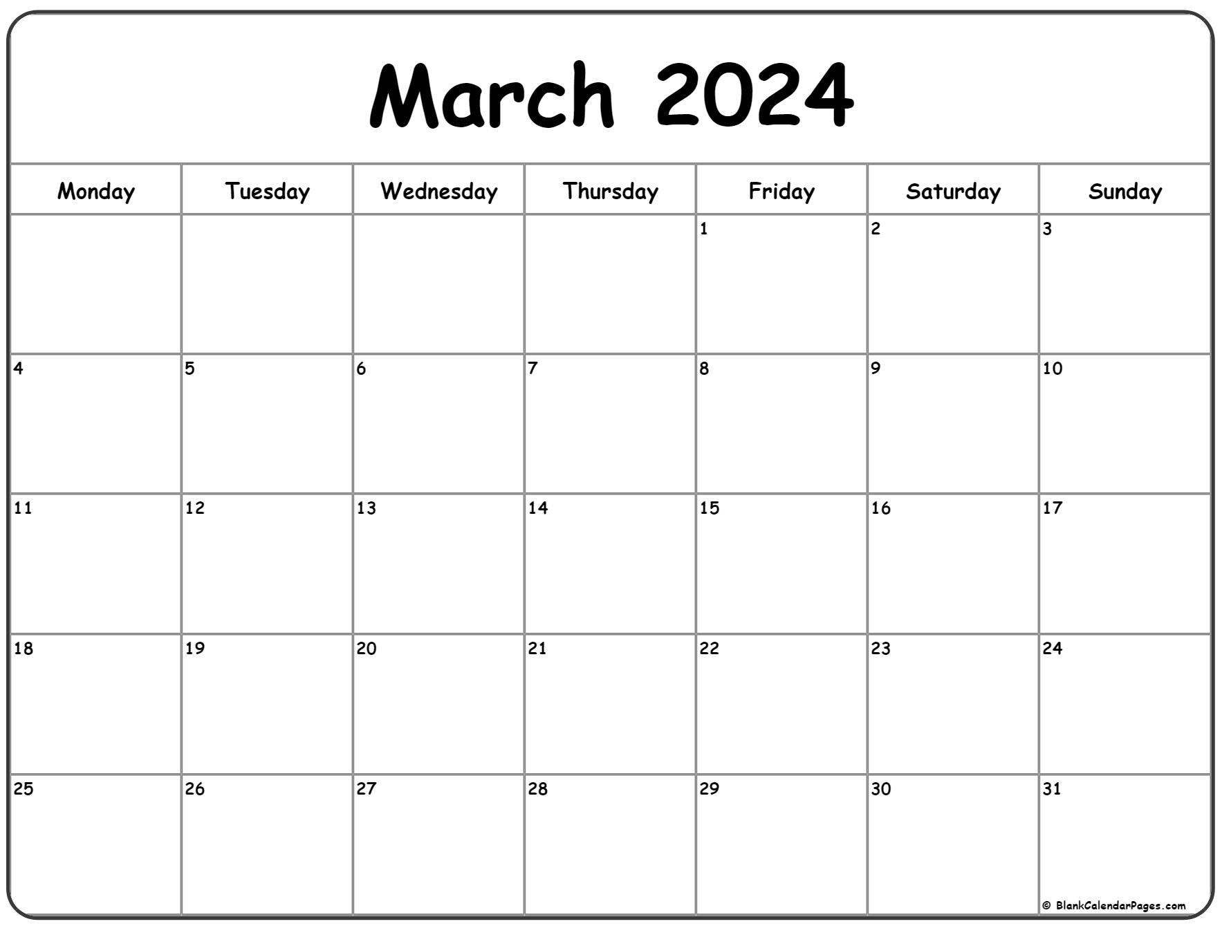 March 2024 Monday Calendar | Monday To Sunday |  Calendar 2024