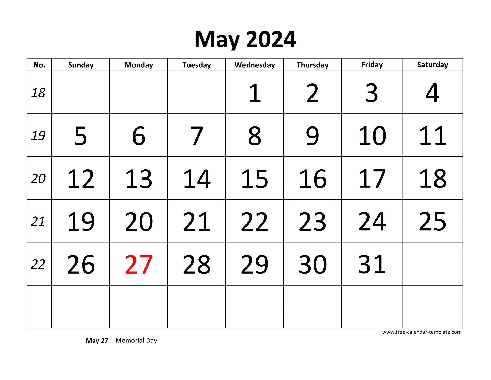 May 2024 Calendar Designed With Large Font (Horizontal) | Free | Printable Word Calendar 2024