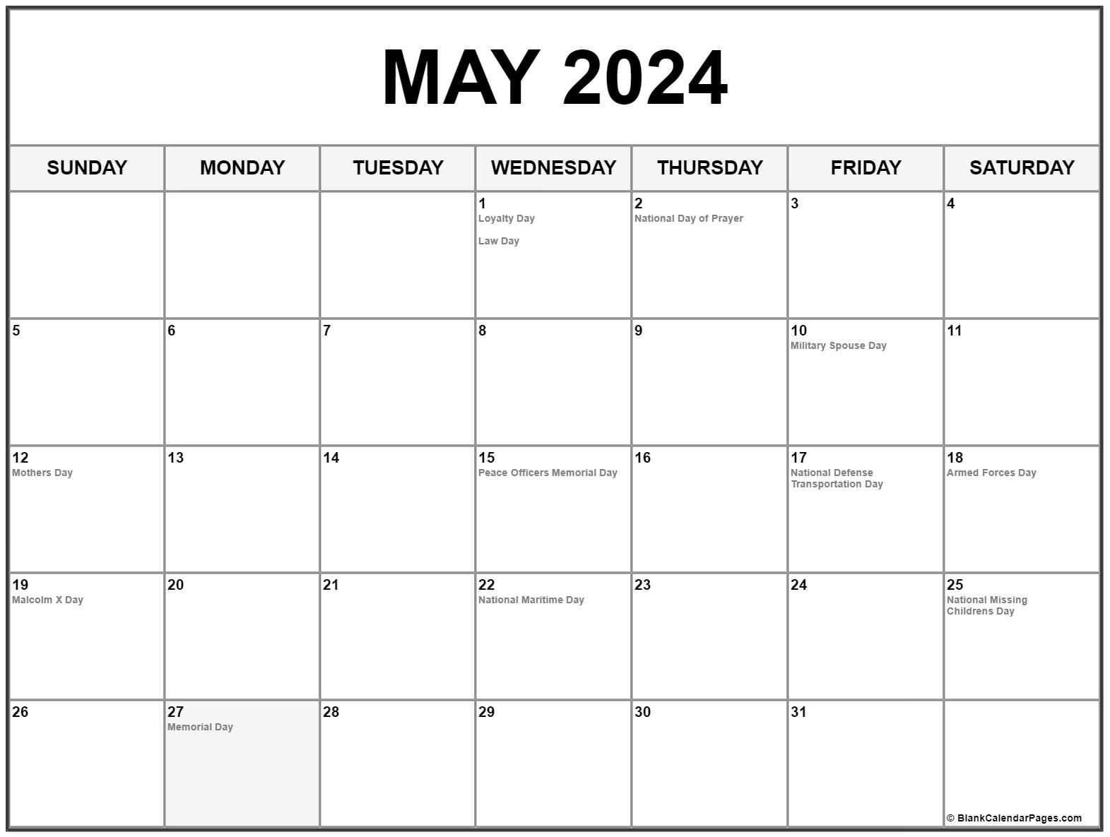 May 2024 With Holidays Calendar | May 2024 Printable Calendar with Holidays