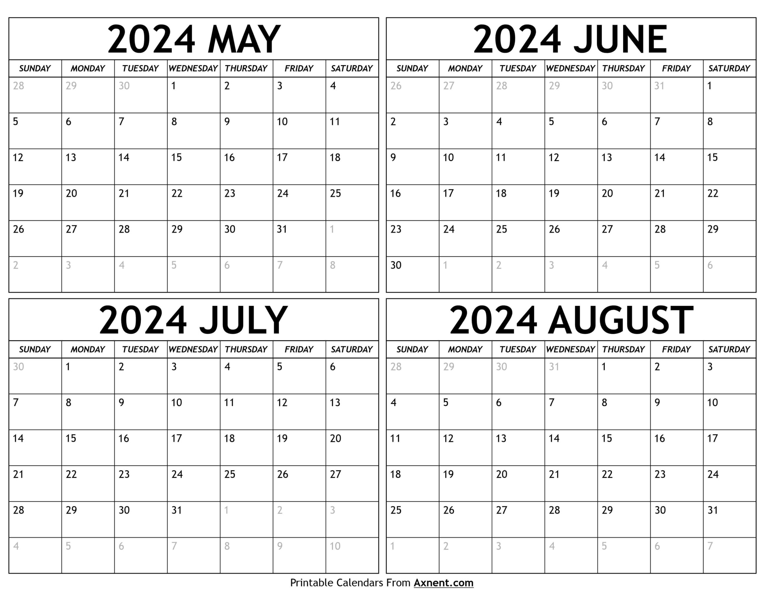 May To August 2024 Calendar Templates - Four Months |  Calendar 2024