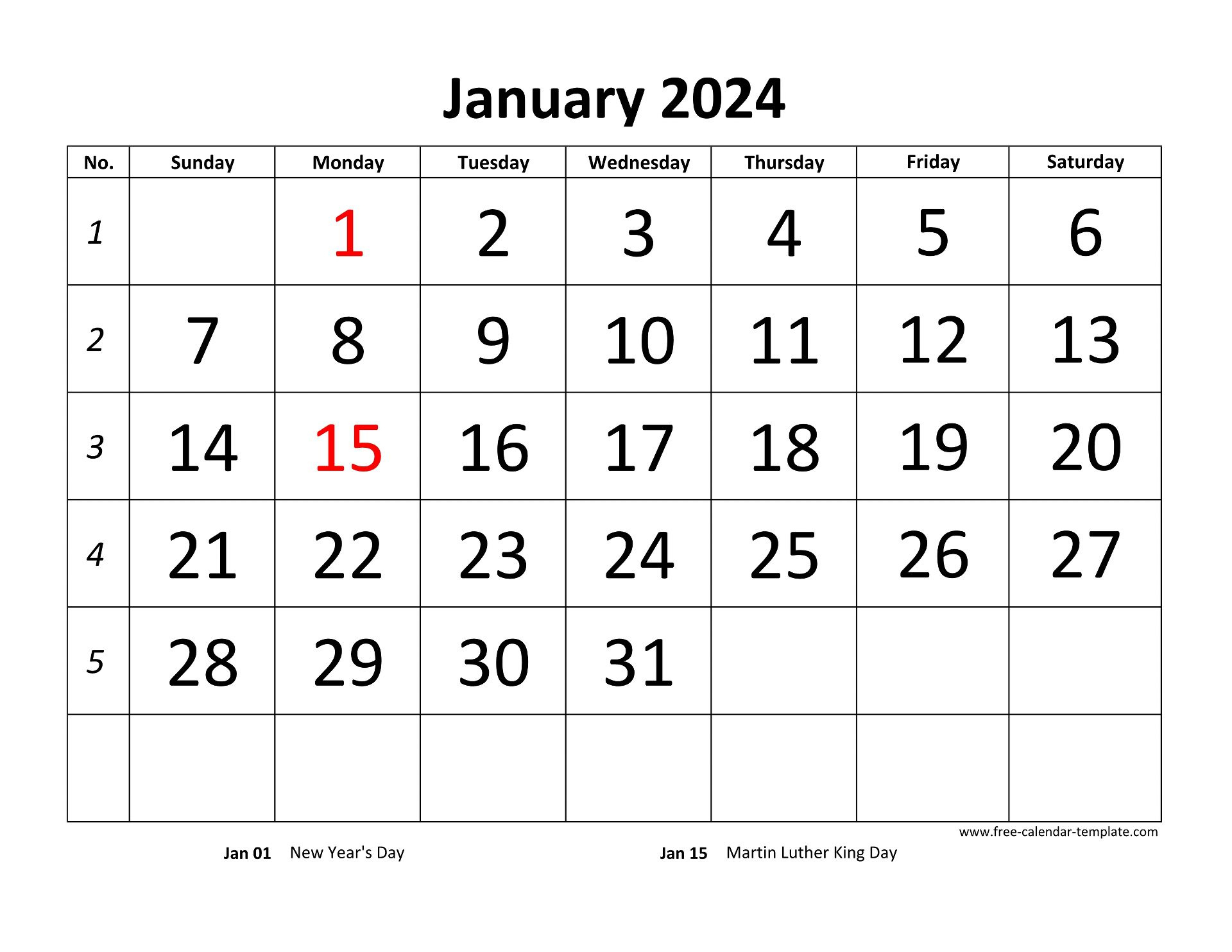 Monthly 2024 Calendar Designed With Large Font (Horizontal) | Free | 2024 Free Printable Monthly Calendar